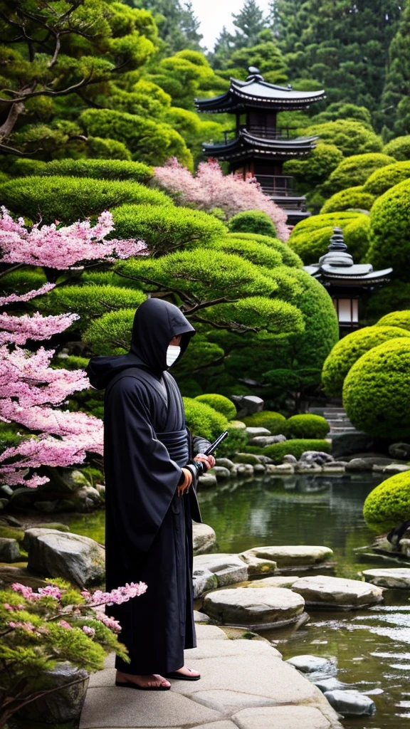 "A ninja in traditional black attire, with a hood and mask covering the face, using a modern smartphone. The setting is a serene Japanese garden with a pond and cherry blossoms in the background. The ninja stands near a stone lantern, subtly illuminated by the lantern's light. The smartphone screen is visible, showing a map. This juxtaposition of ancient and modern themes creates a unique, intriguing scene."