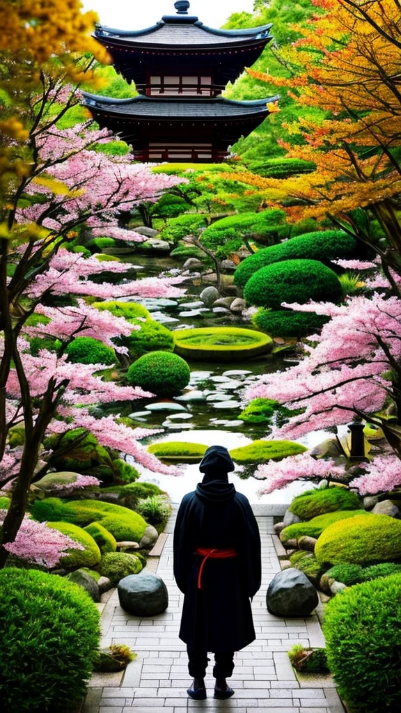 "A ninja in traditional black attire, with a hood and mask covering the face, using a modern smartphone. The setting is a serene Japanese garden with a pond and cherry blossoms in the background. The ninja stands near a stone lantern, subtly illuminated by the lantern's light. The smartphone screen is visible, showing a map. This juxtaposition of ancient and modern themes creates a unique, intriguing scene."