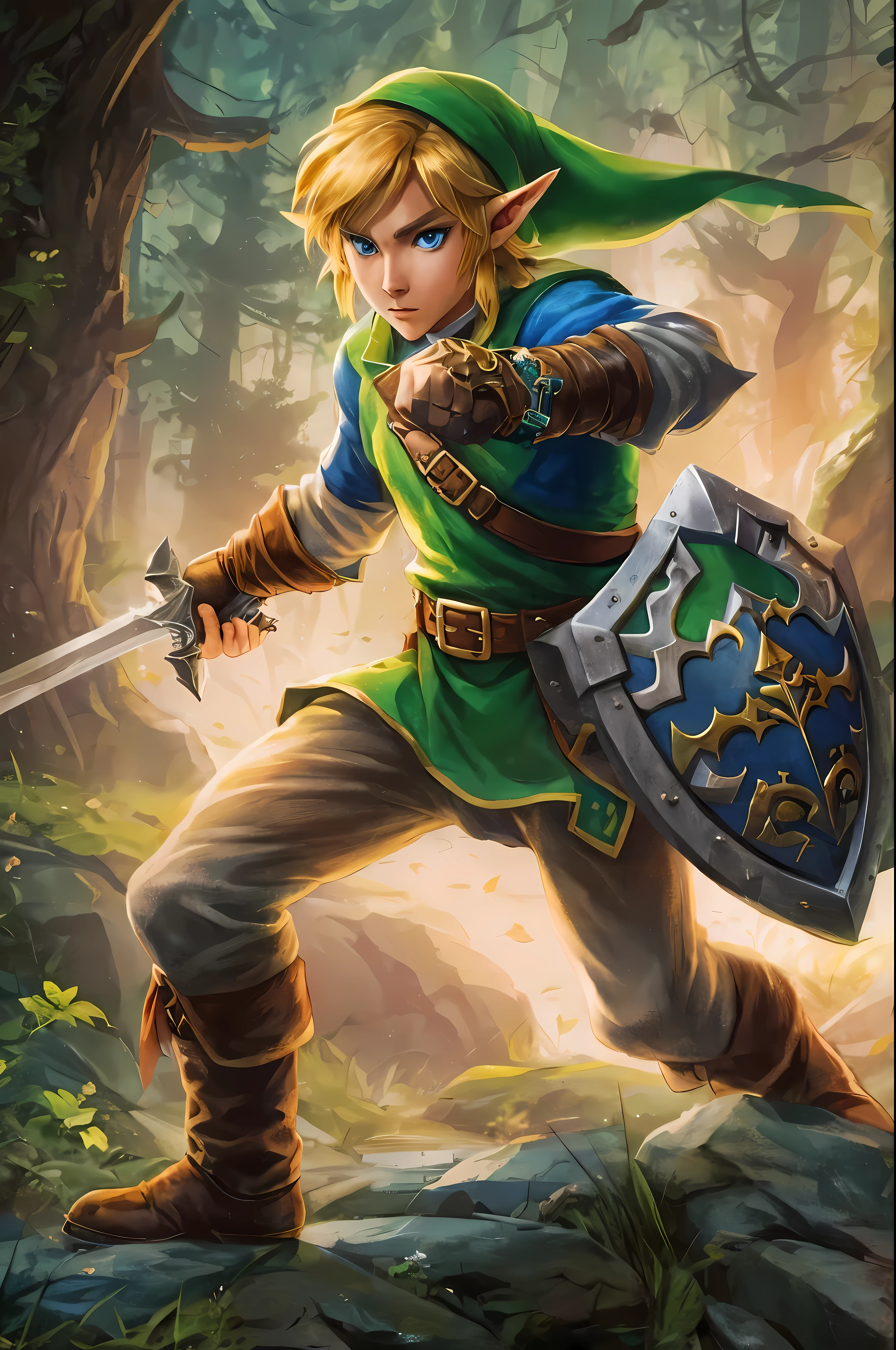 Create a breathtaking, ultra-high-definition image in 16K resolution that captures the essence of high fantasy and adventure, inspired by the creator's original art style from The Legend of Zelda. | Visualize Link, the iconic hero, with his signature green tunic, brown boots, and leather gauntlets. His blonde hair should be slightly tousled, and his determined blue eyes should reflect both his courage and readiness for the journey ahead. Link's ears are pointed, adding to his elf-like appearance, and his expression is one of focus and bravery. | He is equipped with his Master Sword and Hylian Shield, both meticulously detailed to highlight their legendary status. The backdrop is a lush, enchanted forest bathed in the soft glow of twilight, with rays of light filtering through the dense canopy, casting ethereal shadows and highlights. The scene should include subtle elements from the Zelda universe, like faintly glowing ruins or distant, mystical creatures, adding depth and a sense of magic to the environment. | Capture Link in a dynamic pose as he stands on a moss-covered rock, ready for battle. The camera angle is slightly low, emphasizing his heroic stature and the readiness in his stance. His muscular arms and the firmness of his grip on the sword portray his strength and determination. Strategic lighting illuminates his face and armor, casting a heroic glow that highlights the details of his outfit and the textures of his surroundings. The overall ambiance should integrate vibrant colors and rich details, creating a sense of depth and immersion in the fantasy world. Ensure anatomical correctness, with a focus on ultra-detailed textures and high-quality rendering, capturing every nuance of Link's appearance and gear in stunning clarity. This masterpiece should embody the spirit of adventure and heroism, immersing viewers in its lifelike depiction.| ((anatomical correctness)), ((perfect_composition, perfect_design, perfect_layout, perfect_detail, ultra_detailed)).