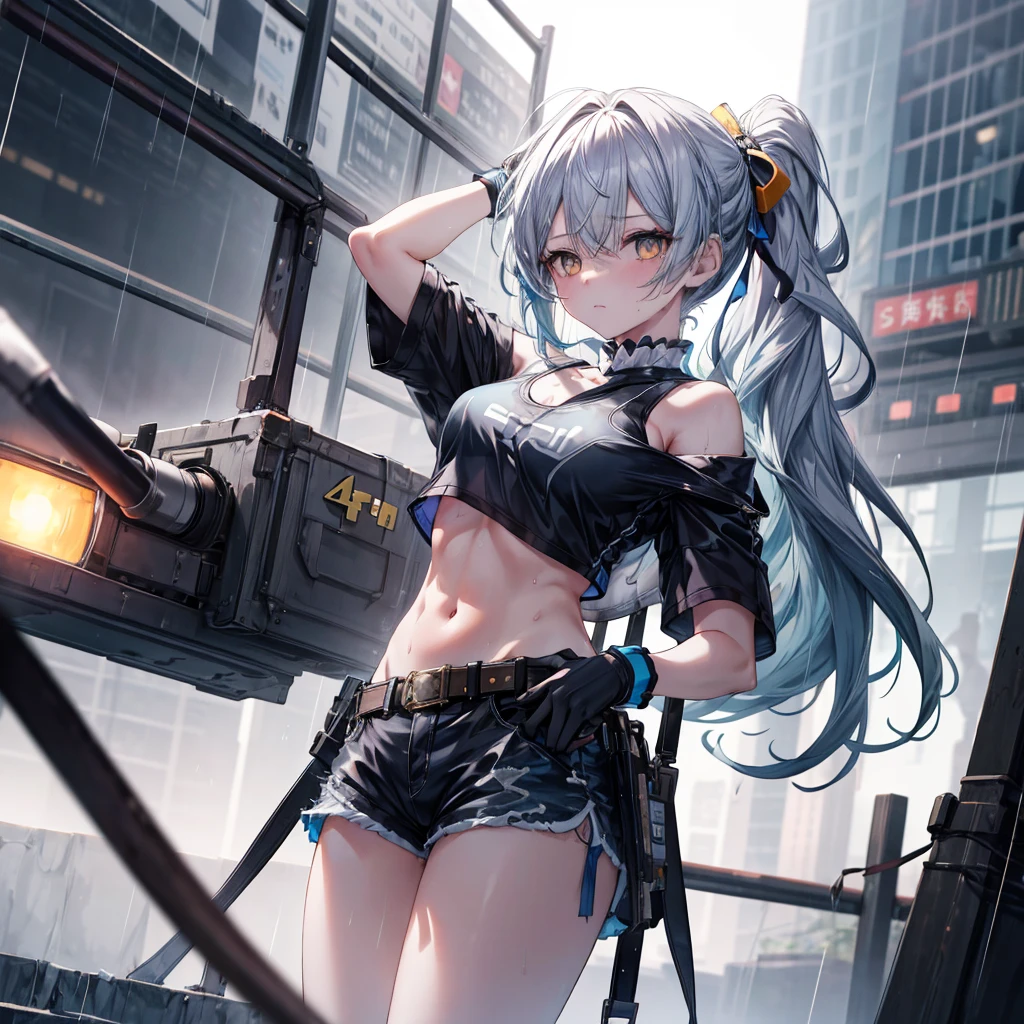 ((Highest quality)), ((masterpiece)), ((detailed)), (4K), a girl with indigoblue hair and a top with short sleeves holding a screw driver, 1girl, 独奏, long hair, indigoblue hair, navel, gloves, shorts, breasts, sweat, wrench, short shorts, very long hair, underwear, panties, holding, belt, arm up, ponytail, small breasts, blurry background, gray sky, rain, looking at viewer, black gloves, white panties, sports bra, wiping sweat, bow, bare shoulders, bangs, cowboy shot, yellow eyes, midriff, hair bow, (expressionless)