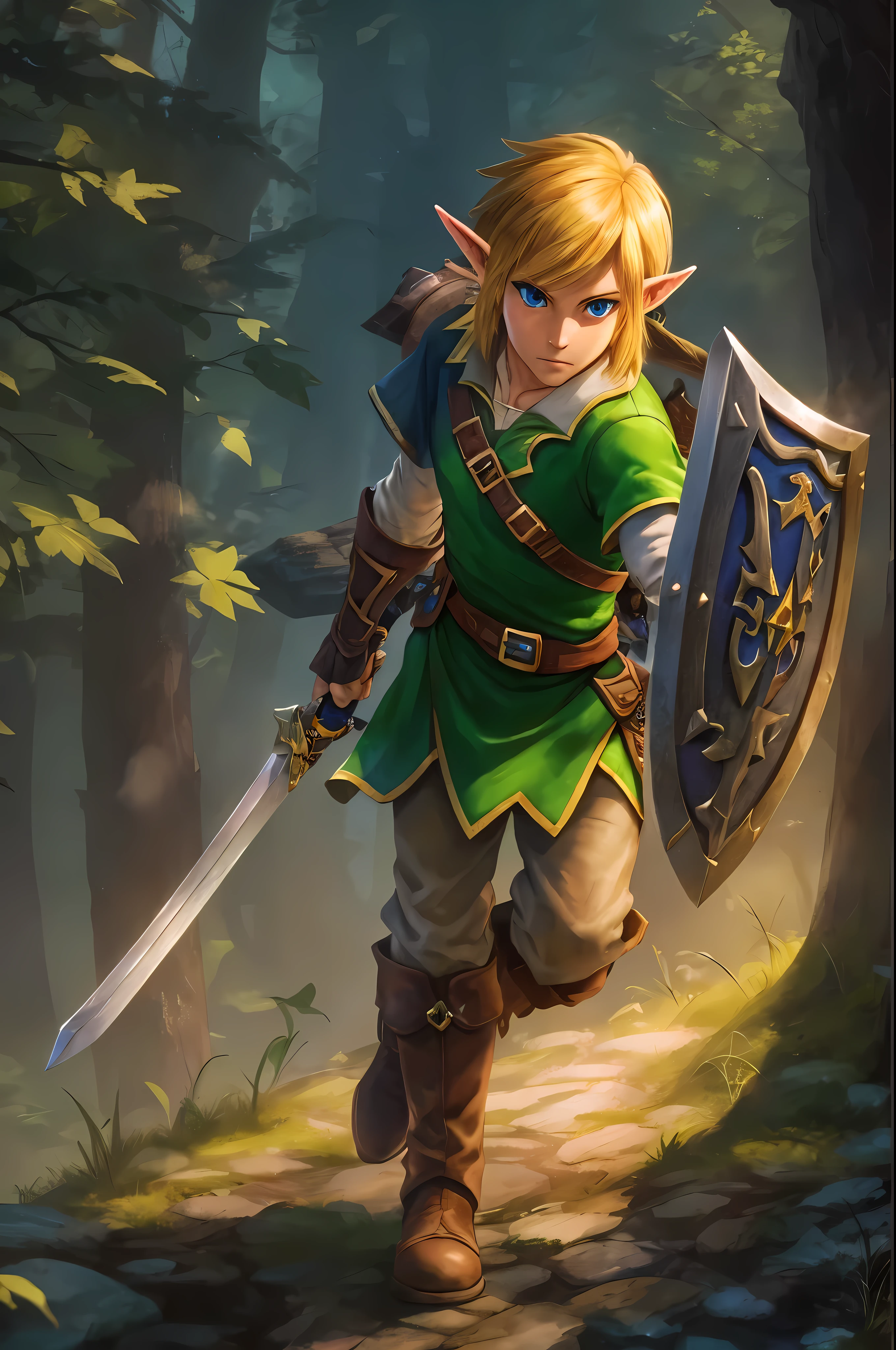 Create a breathtaking, ultra-high-definition image in 16K resolution that captures the essence of high fantasy and adventure, inspired by the creator's original art style from The Legend of Zelda. | Visualize Link, the iconic hero, with his signature green tunic, brown boots, and leather gauntlets. His blonde hair should be slightly tousled, and his determined blue eyes should reflect both his courage and readiness for the journey ahead. Link's ears are pointed, adding to his elf-like appearance, and his expression is one of focus and bravery. | He is equipped with his Master Sword and Hylian Shield, both meticulously detailed to highlight their legendary status. The backdrop is a lush, enchanted forest bathed in the soft glow of twilight, with rays of light filtering through the dense canopy, casting ethereal shadows and highlights. The scene should include subtle elements from the Zelda universe, like faintly glowing ruins or distant, mystical creatures, adding depth and a sense of magic to the environment. | Capture Link in a dynamic pose as he stands on a moss-covered rock, ready for battle. The camera angle is slightly low, emphasizing his heroic stature and the readiness in his stance. His muscular arms and the firmness of his grip on the sword portray his strength and determination. Strategic lighting illuminates his face and armor, casting a heroic glow that highlights the details of his outfit and the textures of his surroundings. The overall ambiance should integrate vibrant colors and rich details, creating a sense of depth and immersion in the fantasy world. Ensure anatomical correctness, with a focus on ultra-detailed textures and high-quality rendering, capturing every nuance of Link's appearance and gear in stunning clarity. This masterpiece should embody the spirit of adventure and heroism, immersing viewers in its lifelike depiction.| ((anatomical correctness)), ((perfect_composition, perfect_design, perfect_layout, perfect_detail, ultra_detailed)).