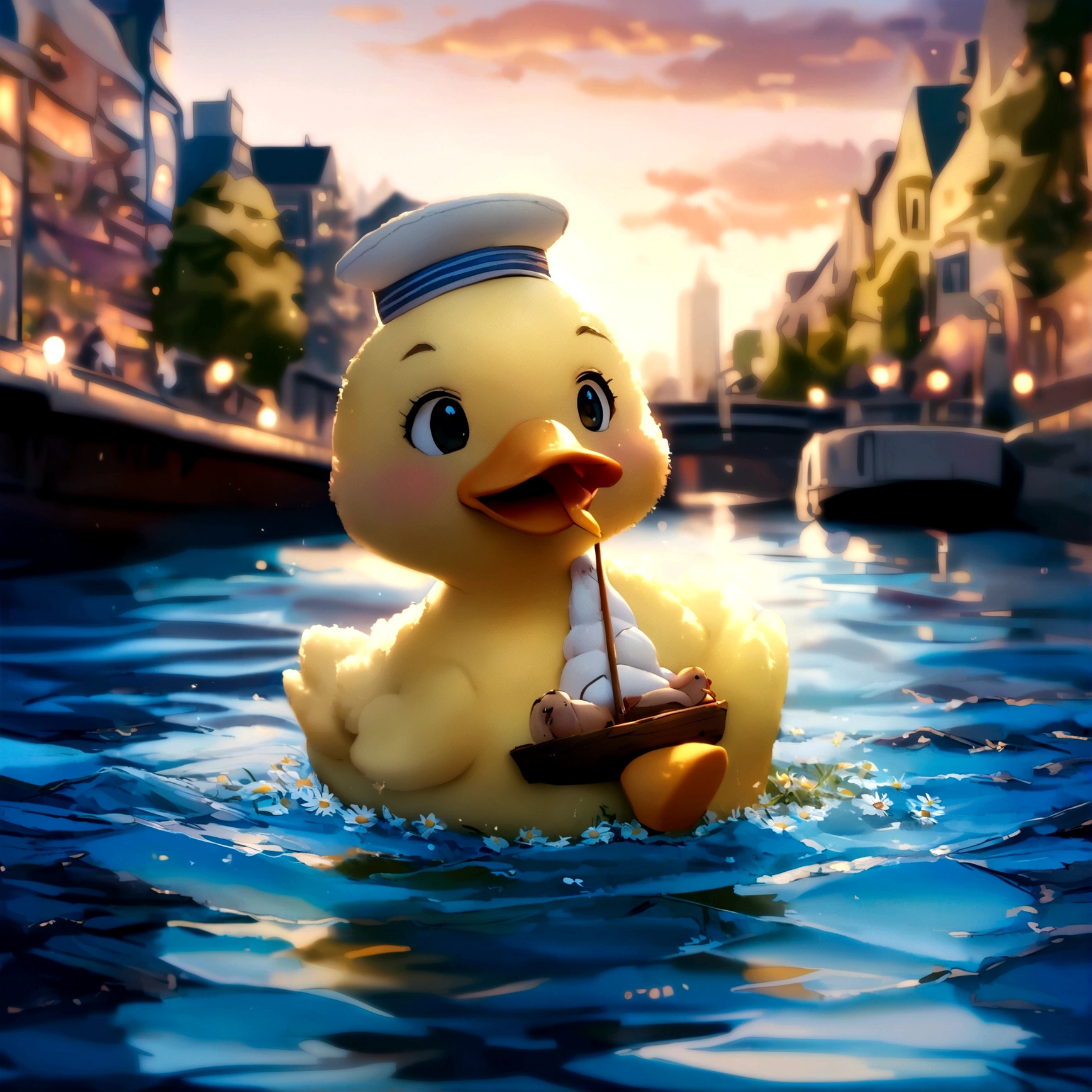 Daisy, a yellow duck, plays by the city canal.