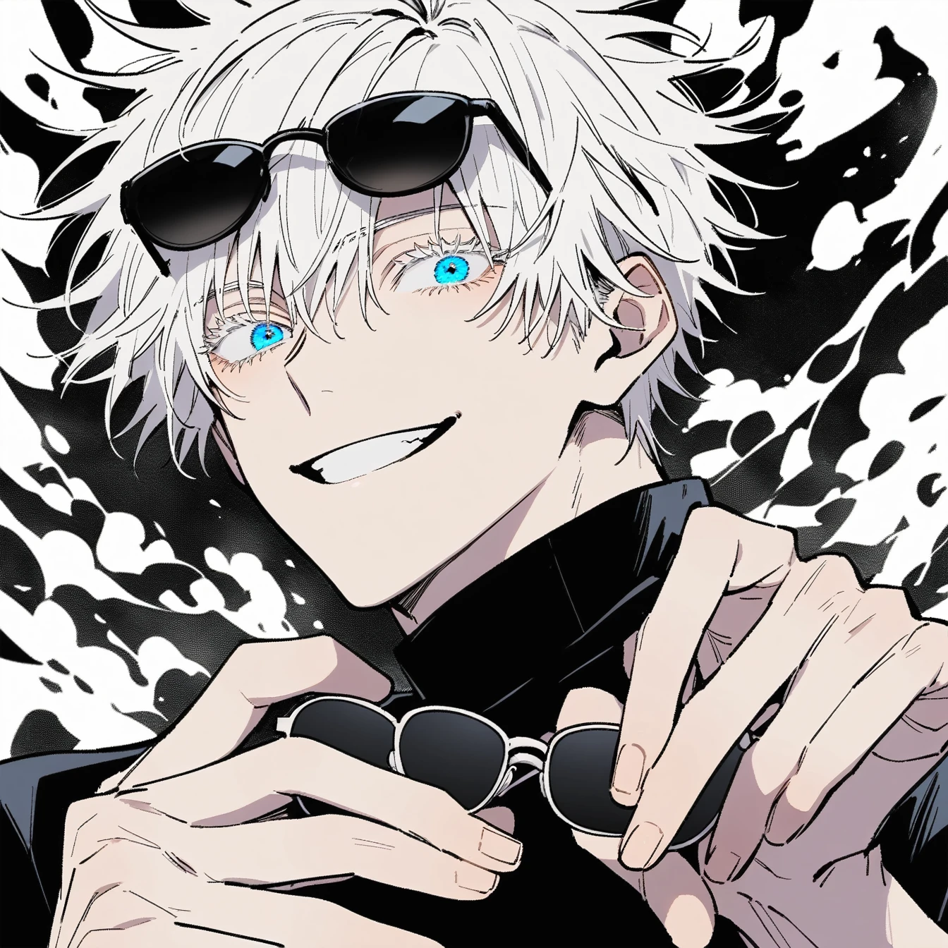 1boy, male focus, gojou satoru, jujutsu kaisen,Anime male character, Comic style without colorlively,and fun-loving, short hair, messy white hair, blue eyes, bright, smiling, confident, with a sense of playfulness, black turtleneck sweater, black round sunglasses (handheld), holding sunglasses in both hands, looking at the camera , simple white background, black and white tones, emphasizing the details of the character's face and hands，black and white monotone