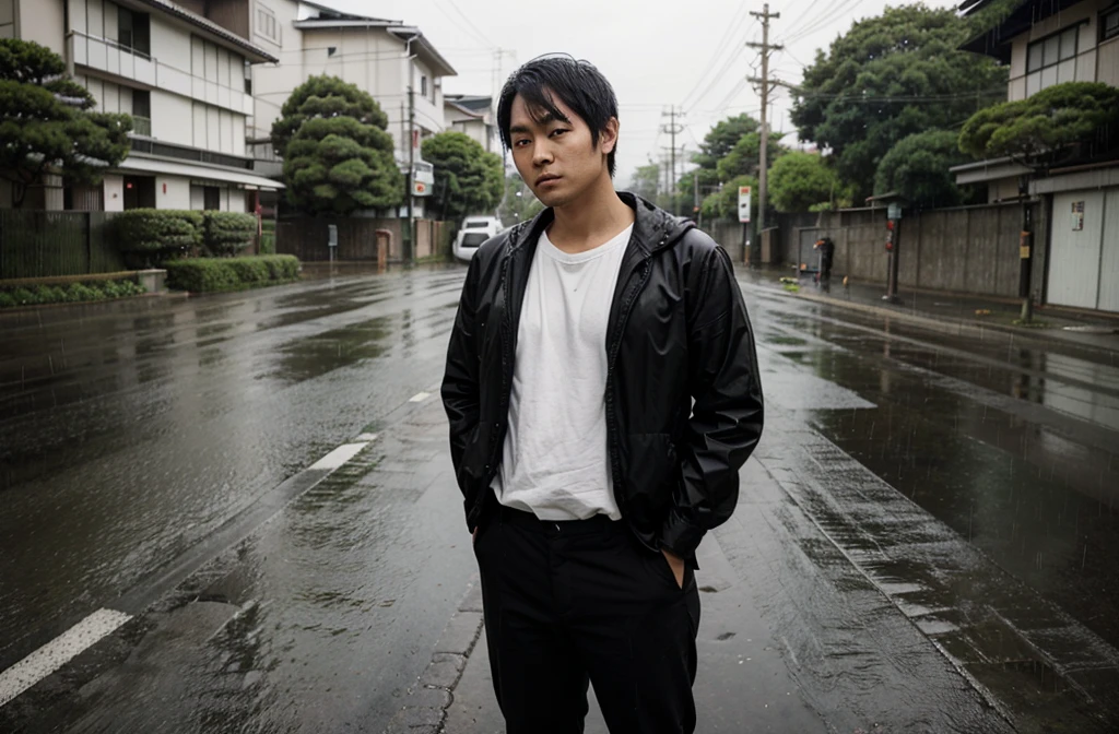 a 29-year-old Japanese,  wearing black pants,  stands by the road. bit chubby, very short hair　rain