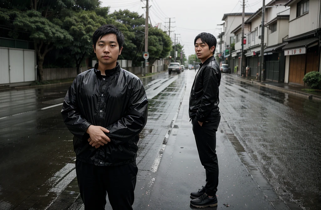 a 29-year-old Japanese,  wearing black pants,  stands by the road. bit chubby, very short hair　rain