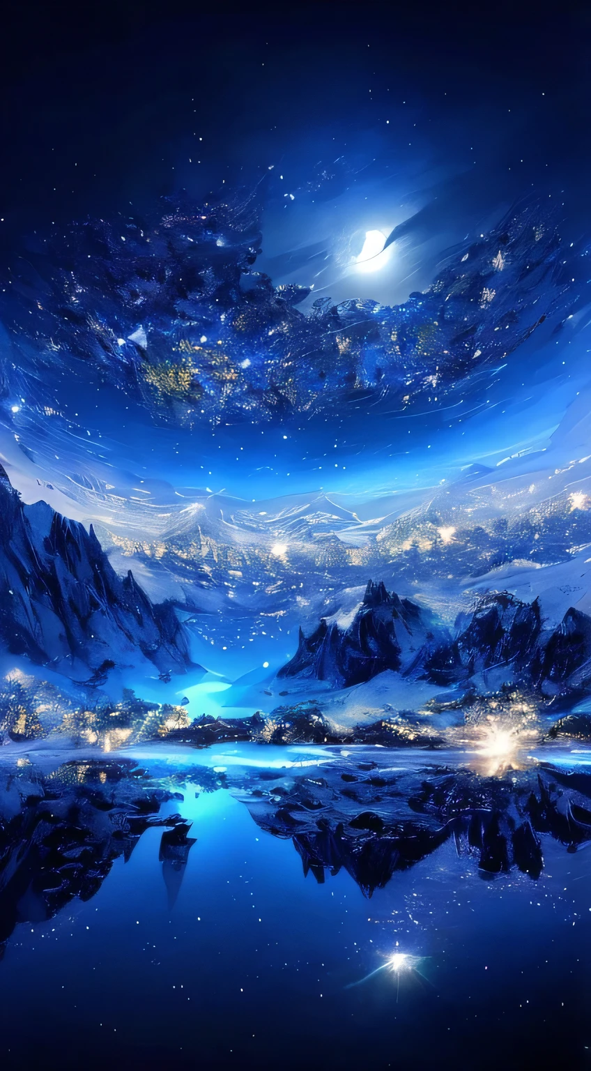Mountain view of lake and full moon, Great background, Wide angle fantasy art, Magical sparkling lake, Galactic Landscapes, Highly detailed digital art in 4K, Great background, Complex and shining atmosphere, Breathtaking alien landscapes, Surreal frozen landscape, Awesome Wallpapers, cosmic starry sky, Surreal Space, Breathtaking digital art, Beautiful exotic landscape, Sci-Fi Fantasy Wallpapers