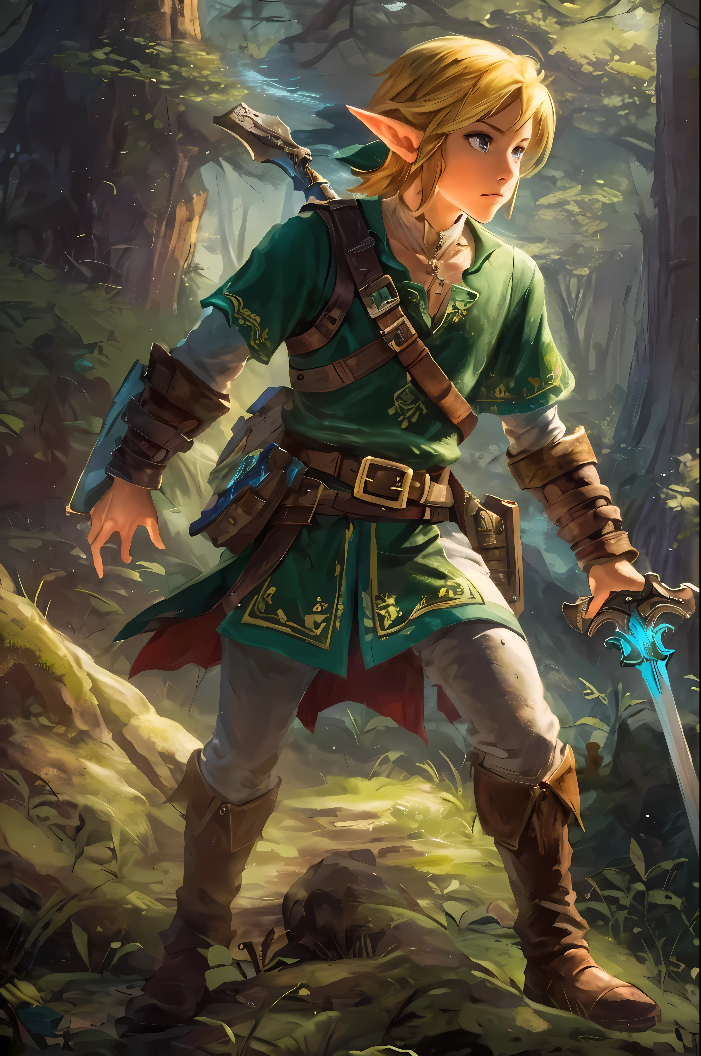 Create a breathtaking, ultra-high-definition image in 16K resolution that captures the essence of high fantasy and adventure, inspired by the creator's original art style from The Legend of Zelda. | Visualize Link, the iconic hero, with his signature green tunic, brown boots, and leather gauntlets. His blonde hair should be slightly tousled, and his determined blue eyes should reflect both his courage and readiness for the journey ahead. Link's ears are pointed, adding to his elf-like appearance, and his expression is one of focus and bravery. | He is equipped with his Master Sword and Hylian Shield, both meticulously detailed to highlight their legendary status. The backdrop is a lush, enchanted forest bathed in the soft glow of twilight, with rays of light filtering through the dense canopy, casting ethereal shadows and highlights. The scene should include subtle elements from the Zelda universe, like faintly glowing ruins or distant, mystical creatures, adding depth and a sense of magic to the environment. | Capture Link in a dynamic pose as he stands on a moss-covered rock, ready for battle. The camera angle is slightly low, emphasizing his heroic stature and the readiness in his stance. His muscular arms and the firmness of his grip on the sword portray his strength and determination. Strategic lighting illuminates his face and armor, casting a heroic glow that highlights the details of his outfit and the textures of his surroundings. The overall ambiance should integrate vibrant colors and rich details, creating a sense of depth and immersion in the fantasy world. Ensure anatomical correctness, with a focus on ultra-detailed textures and high-quality rendering, capturing every nuance of Link's appearance and gear in stunning clarity. This masterpiece should embody the spirit of adventure and heroism, immersing viewers in its lifelike depiction.| ((anatomical correctness)), ((perfect_composition, perfect_design, perfect_layout, perfect_detail, ultra_detailed)).