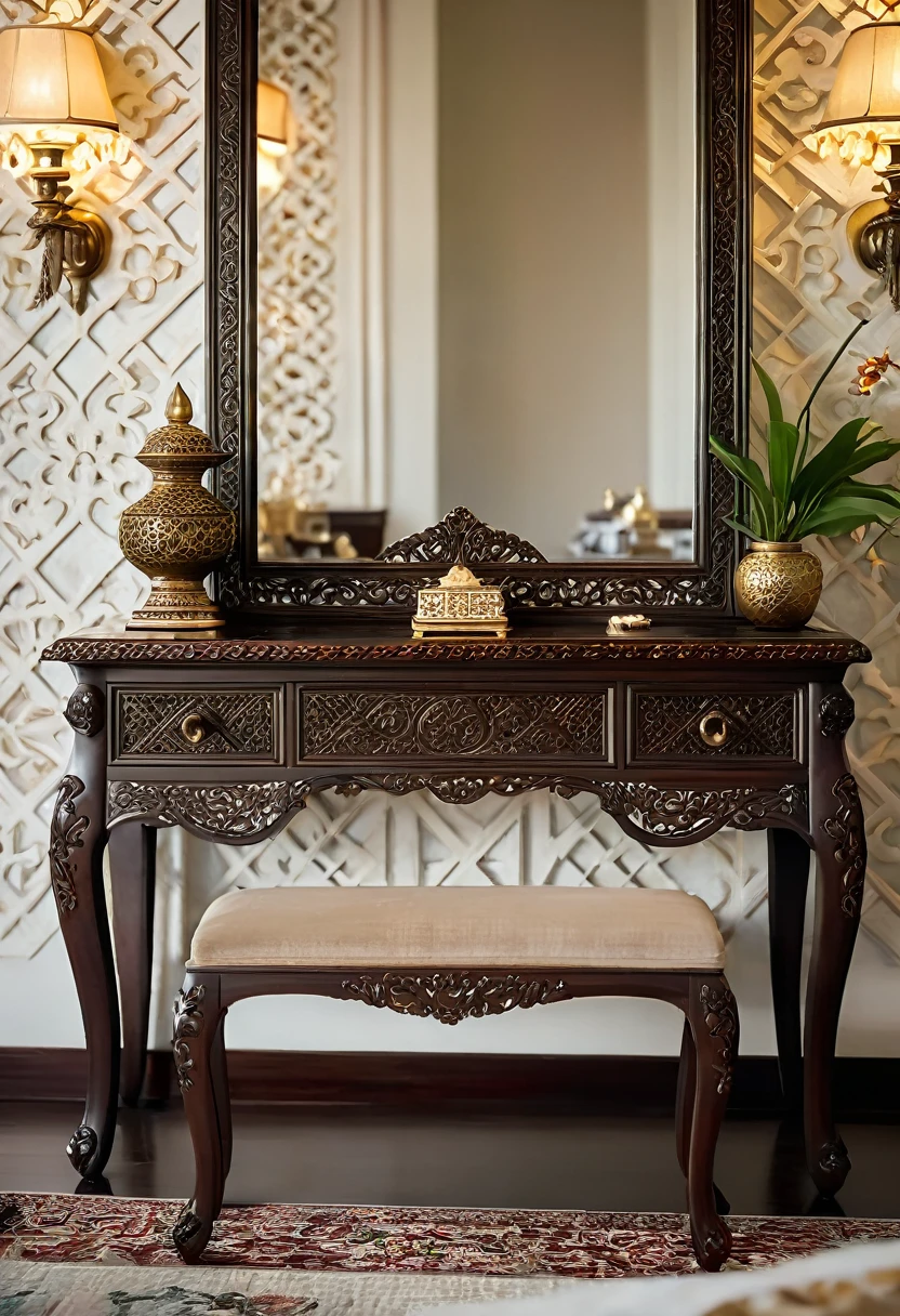 Close-up shot of an elegant vanity table in an Indochinese-style bedroom. The table features intricate wooden carvings and is topped with a vintage mirror framed in dark wood. The surface holds traditional decorative items and a few pieces of jewelry. The depth of field (dof) effect highlights the detailed carvings and reflective surfaces, while the background, including patterned wallpaper and a glimpse of the bed, is softly blurred. The lighting creates a soft, warm ambiance.

8k resolution, UHD, high-quality detail, depth of field (dof) effect, cinematic standards, Indochinese style, intricate carvings, vintage elements, warm lighting, artistic composition, elegant bedroom, soft ambient light.
