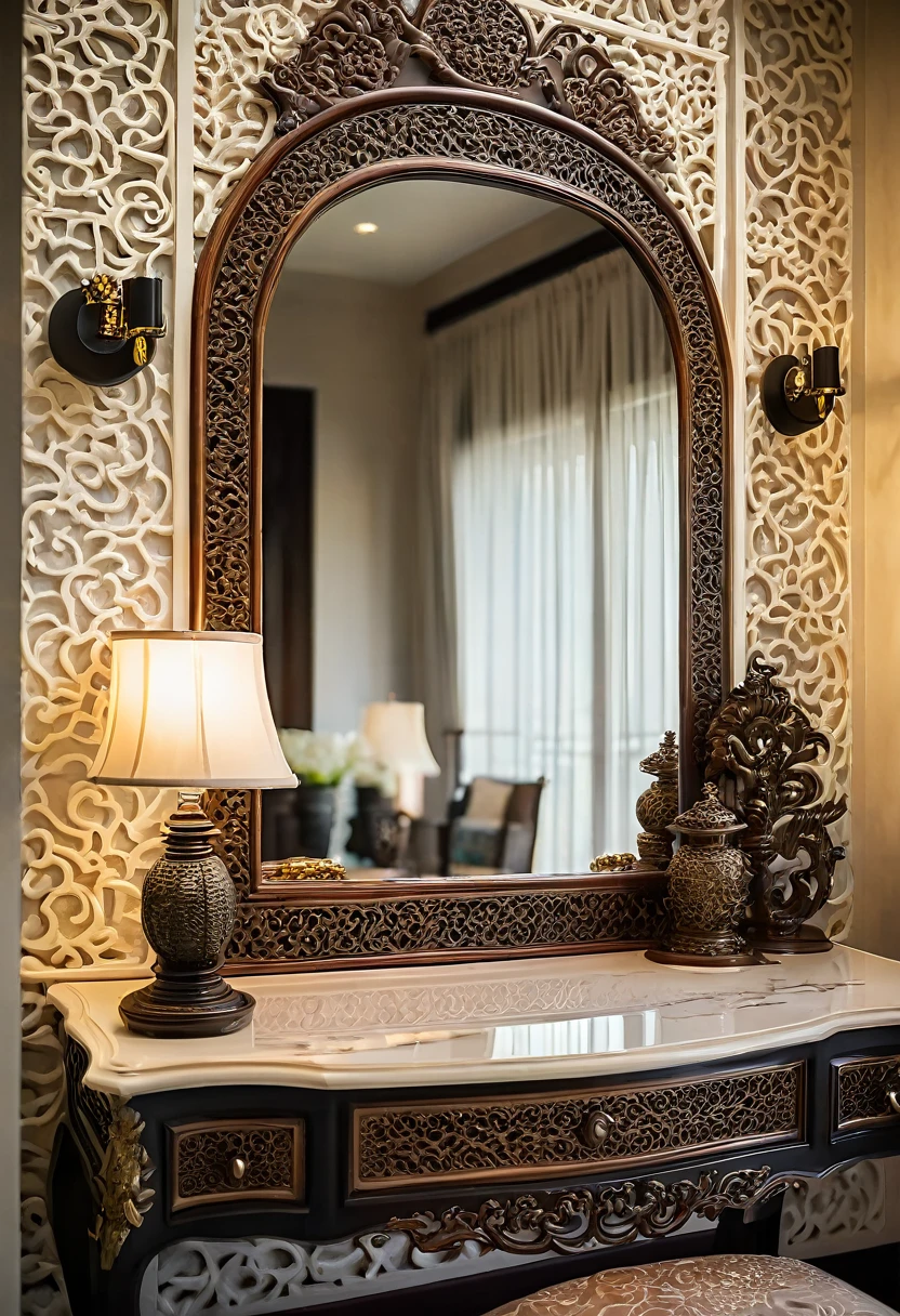 Close-up shot of an elegant vanity table in an Indochinese-style bedroom. The table features intricate wooden carvings and is topped with a vintage mirror framed in dark wood. The surface holds traditional decorative items and a few pieces of jewelry. The depth of field (dof) effect highlights the detailed carvings and reflective surfaces, while the background, including patterned wallpaper and a glimpse of the bed, is softly blurred. The lighting creates a soft, warm ambiance.

8k resolution, UHD, high-quality detail, depth of field (dof) effect, cinematic standards, Indochinese style, intricate carvings, vintage elements, warm lighting, artistic composition, elegant bedroom, soft ambient light.
