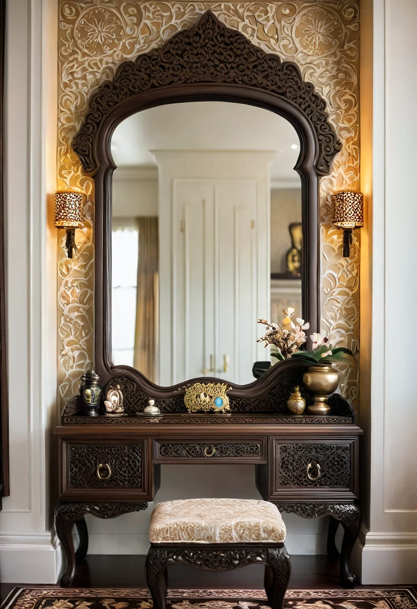 Close-up shot of an elegant vanity table in an Indochinese-style bedroom. The table features intricate wooden carvings and is topped with a vintage mirror framed in dark wood. The surface holds traditional decorative items and a few pieces of jewelry. The depth of field (dof) effect highlights the detailed carvings and reflective surfaces, while the background, including patterned wallpaper and a glimpse of the bed, is softly blurred. The lighting creates a soft, warm ambiance.

8k resolution, UHD, high-quality detail, depth of field (dof) effect, cinematic standards, Indochinese style, intricate carvings, vintage elements, warm lighting, artistic composition, elegant bedroom, soft ambient light.
