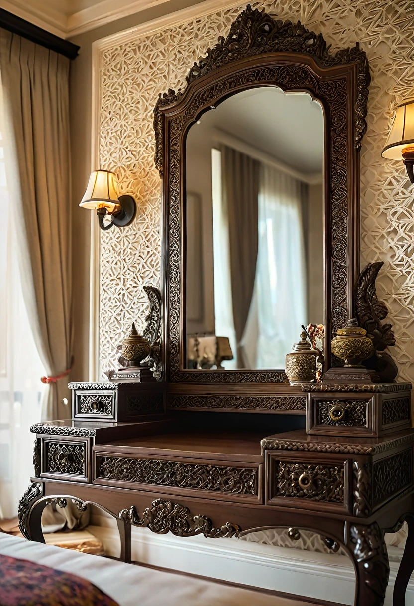 Close-up shot of an elegant vanity table in an Indochinese-style bedroom. The table features intricate wooden carvings and is topped with a vintage mirror framed in dark wood. The surface holds traditional decorative items and a few pieces of jewelry. The depth of field (dof) effect highlights the detailed carvings and reflective surfaces, while the background, including patterned wallpaper and a glimpse of the bed, is softly blurred. The lighting creates a soft, warm ambiance.

8k resolution, UHD, high-quality detail, depth of field (dof) effect, cinematic standards, Indochinese style, intricate carvings, vintage elements, warm lighting, artistic composition, elegant bedroom, soft ambient light.
