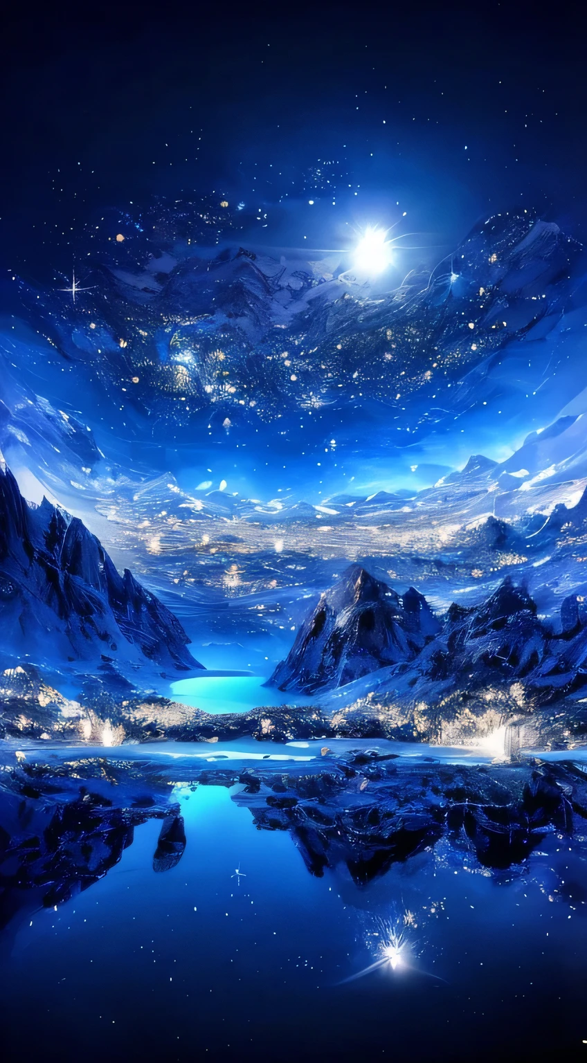 Mountain view of lake and full moon, Great background, Wide angle fantasy art, Magical sparkling lake, Galactic Landscapes, Highly detailed digital art in 4K, Great background, Complex and shining atmosphere, Breathtaking alien landscapes, Surreal frozen landscape, Awesome Wallpapers, cosmic starry sky, Surreal Space, Breathtaking digital art, Beautiful exotic landscape, Sci-Fi Fantasy Wallpapers