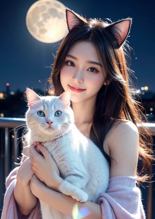 Diffuse lighting、 Highest quality, High resolution, unity 8k wallpaper、Supersaturation, colorful, fairy tale, dream-like, Movie-like characters, Oil, 3d, 8K resolution, Sequins, Sparkling, moonlight, The close-up portrait is adorable.,Too Cute cat, fine grain, big, round, Reflective Eyes,Dreamland、pastel colour、feels good to the touch、Look forward、smile、full moon、Mysterious flower、Beautiful cat、Cute cat、猫のIn the city、In the city、