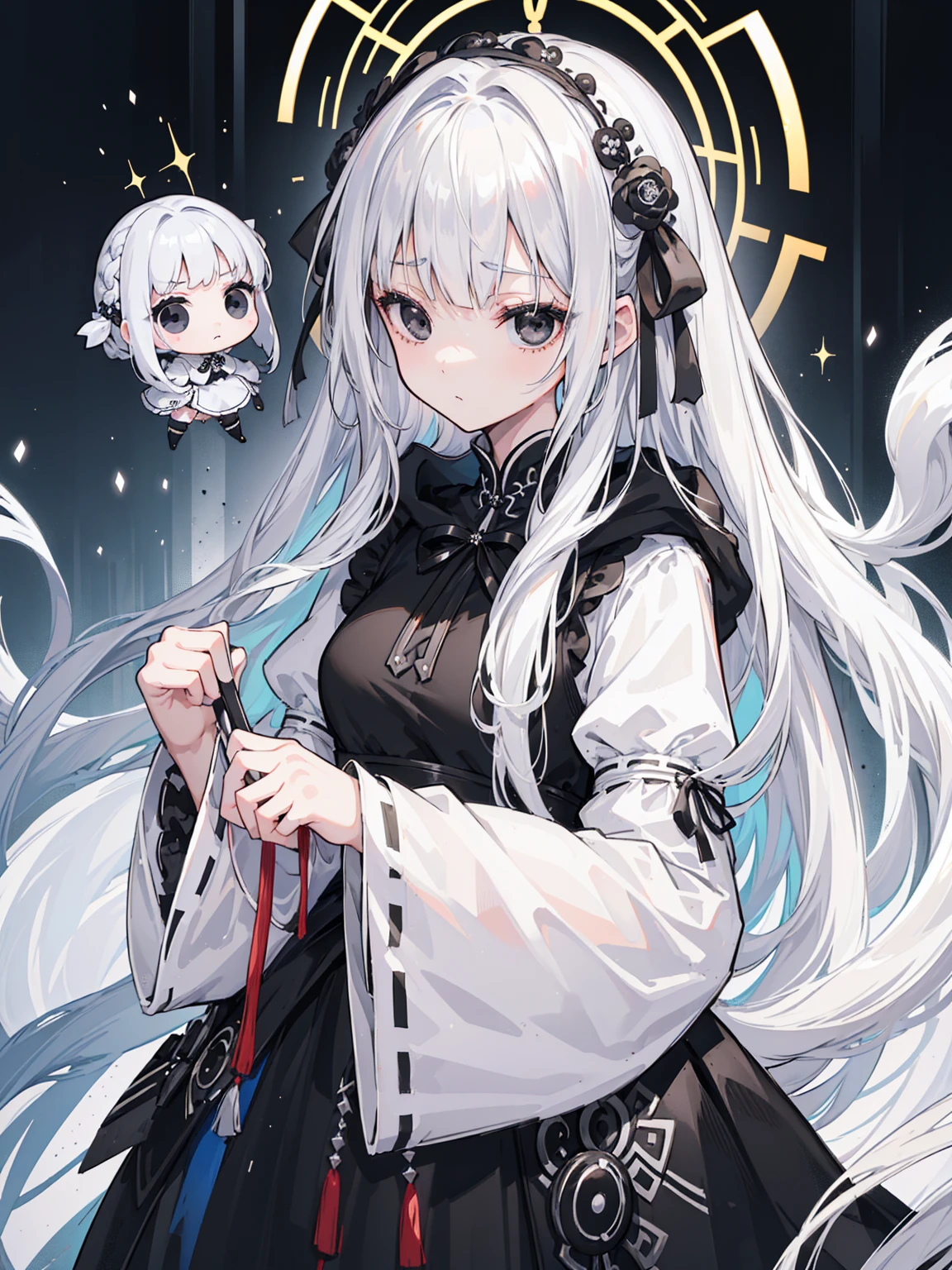 (Top image quality)、(Very detailed)、(Facing forward)、Top quality、masterpiece、(((1 girl )))、Silver Hair、White hair、((Long hair))、Weaving、(black eyes:1.6)、(White and black cheongsam)、Hooded dress、Lots of decorations、Lots of ribbons、White Ribbon、She looked grim.、Fluffy loose hair、Hanfu