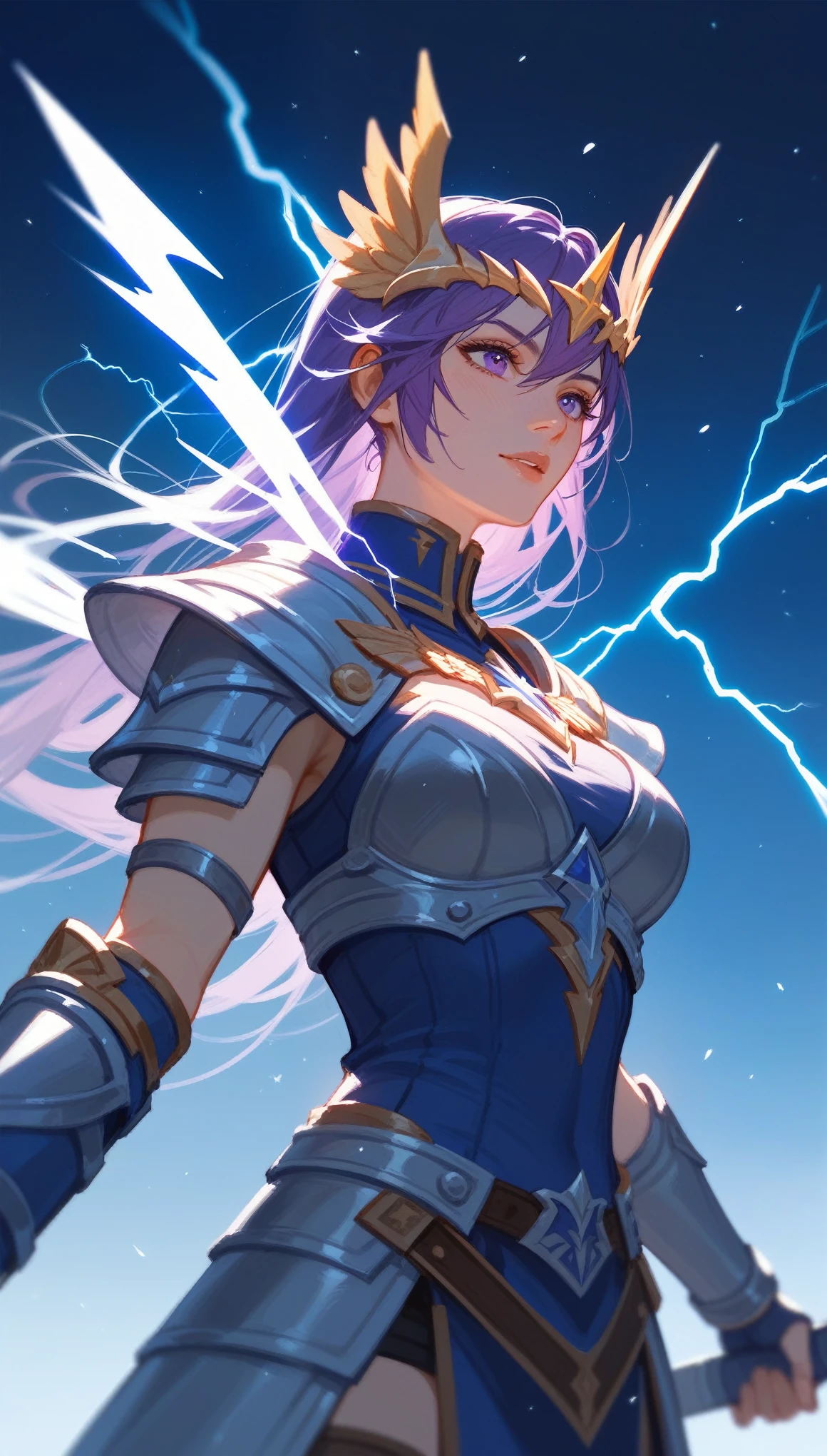 (Fraction_9,Fraction_8_Direction_7_up), ((1 woman))(Close shot),Thor,Purple Lightning,European and American clothing,Valkyrie,Female Warrior,Saint Seiya,