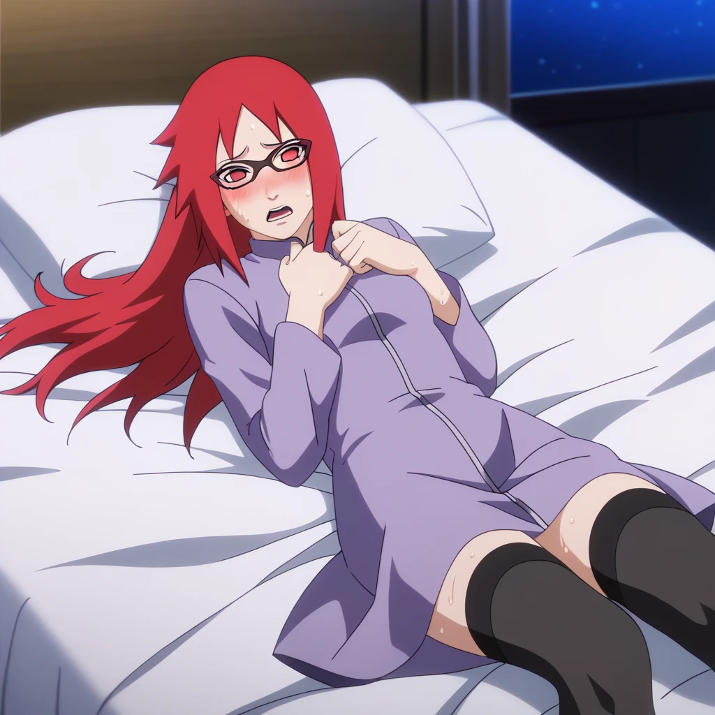 Red hair, 1 Girl, Glasses, Long hair, Red Eyes, Solitary, dress， Black over-the-knee stockings, Umbilical cord, Looking at the audience，No students, Japanese cartoons screencap, Japanese cartoons coloring,src_Japanese cartoons,Naruto \(series\), Naruto shippuuden,（（blush，nervous，Vision，））masterpiece， absurd ， （Intricate details）， （Colorful）， light， Extremely detailed CG unity 8k wallpaper ，1 Girl， solo，（shy，In the hotel，Lying on the bed，night，blush，nervous，Sweating，蕾丝dress， ），sweat，blush，blush1.5，Blush，Medium chest，（（dress，Black stockings，luxurious hotel，night，）），（dress，Uncomfortable expression，Mouth open，spit），（（bookshelf，Kneel down，））