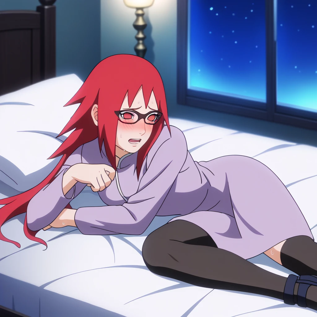 Red hair, 1 Girl, Glasses, Long hair, Red Eyes, Solitary, dress, Black over-the-knee stockings, Umbilical cord, Looking at the audience,No students, Japanese cartoons screencap, Japanese cartoons coloring,src_Japanese cartoons,Naruto \(series\), Naruto shippuuden,((blush,nervous,Vision,))masterpiece, absurd , (Intricate details), (Colorful), light, Extremely detailed CG unity 8k wallpaper ,1 Girl, solo,(shy,In the hotel,Lying on the bed,night,blush,nervous,Sweating,蕾丝dress, ),sweat,blush,blush1.5,Blush,Medium chest,((dress,Black stockings,luxurious hotel,night,)),(dress,Uncomfortable expression,Mouth open,spit),((bookshelf,Kneel down,))