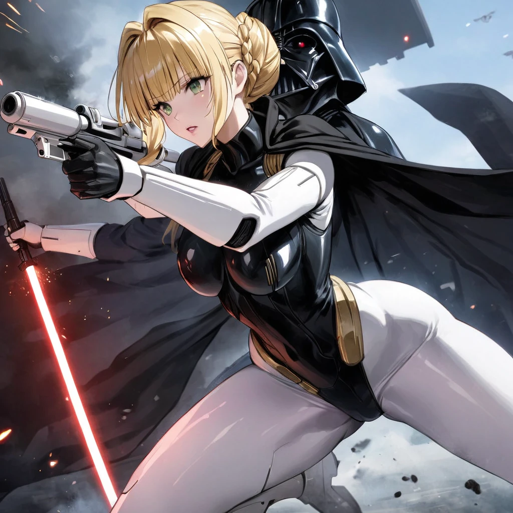 ((Highest quality)), ((masterpiece)), (detailed), (Perfect Face)、The woman is a Stormtrooper named Tiare, with green eyes, medium blonde hair, and a Princess Leia hairstyle. She is wearing a gorgeous black Stormtrooper bodysuit with gold patterns and trim, and a gorgeous black cape.、The woman is fighting alongside Darth Vader, who is holding a red lightsaber, while the woman is protecting him and firing a blaster.