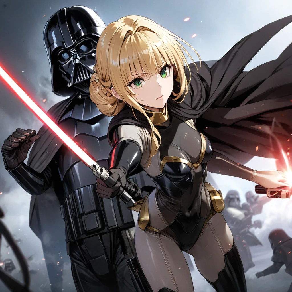 ((Highest quality)), ((masterpiece)), (detailed), (Perfect Face)、The woman is a Stormtrooper named Tiare, with green eyes, medium blonde hair, and a Princess Leia hairstyle. She is wearing a gorgeous black Stormtrooper bodysuit with gold patterns and trim, and a gorgeous black cape.、The woman is fighting alongside Darth Vader, who is holding a red lightsaber, while the woman is protecting him and firing a blaster.