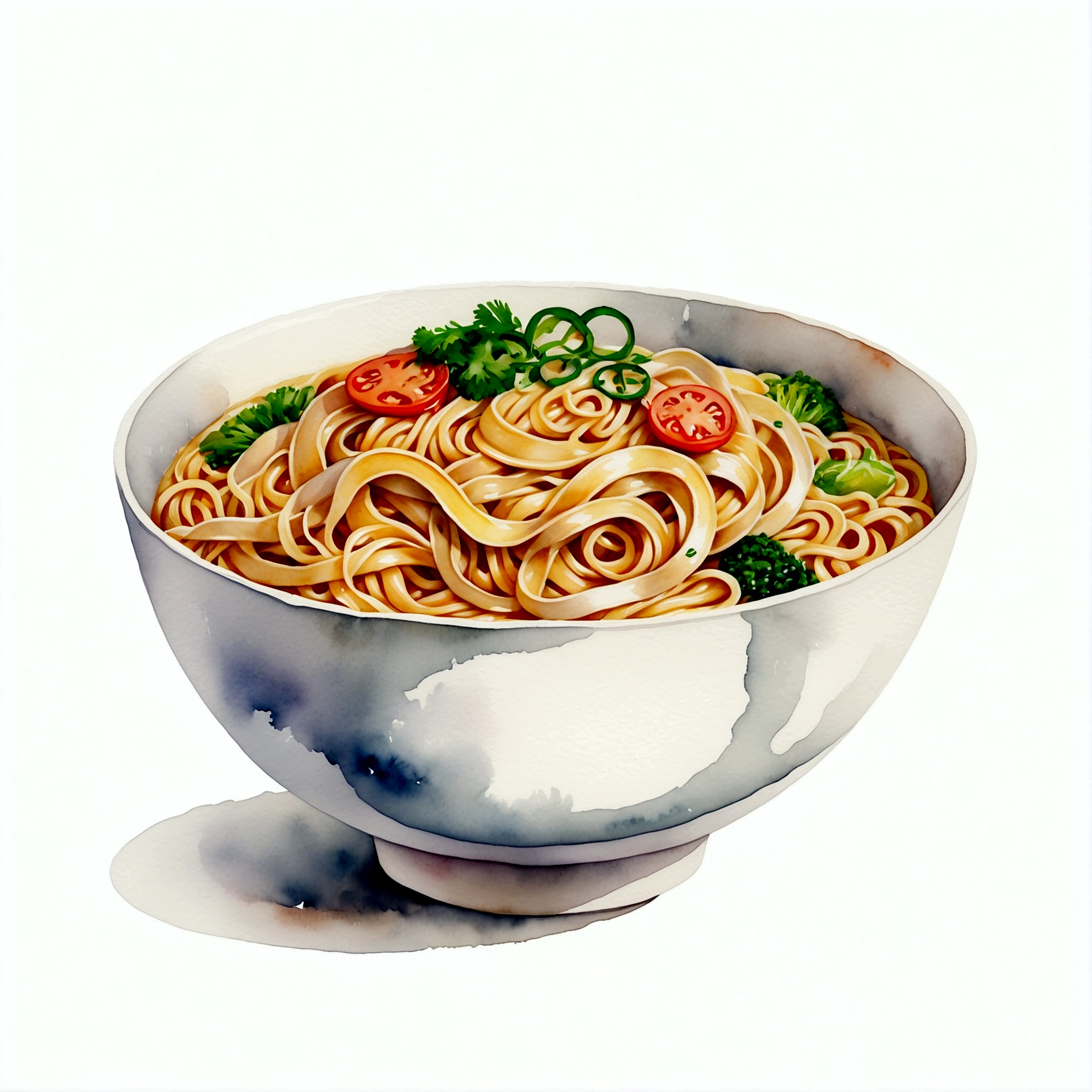 there is a huge extremely delicious bowl of noodle, illustration, isolated with solid white background, surrounded with negative space, centered compositon, 8k, highly detailed painting, very precise painting, Isolated, clear brilliant white background, perspective angle of view, realistic, watercolor