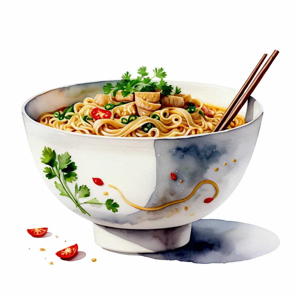 there is a huge extremely delicious bowl of noodle, illustration, isolated with solid white background, surrounded with negative space, centered compositon, 8k, highly detailed painting, very precise painting, Isolated, clear brilliant white background, perspective angle of view, realistic, watercolor