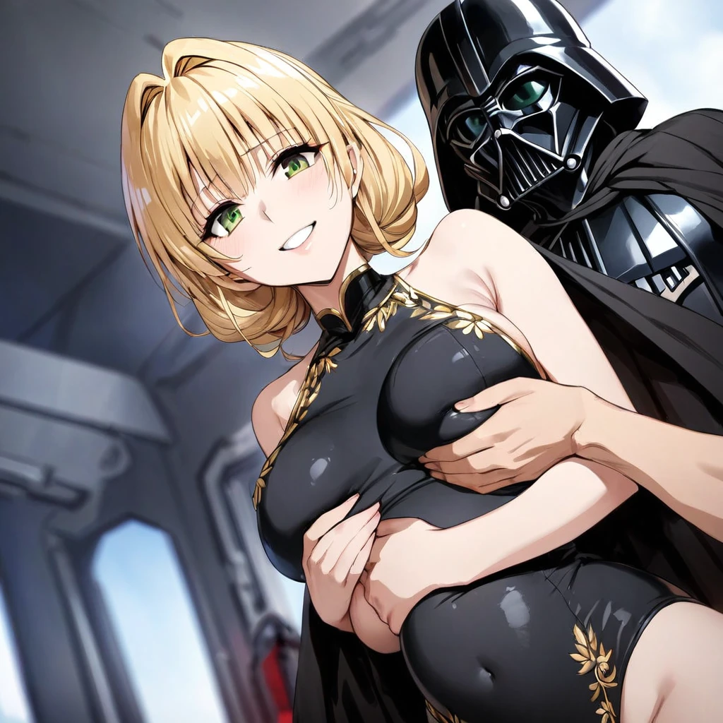 ((Highest quality)), ((masterpiece)), (detailed), （Perfect Face）、The woman is a Stormtrooper named Tiare, with green eyes, blonde medium-length hair, and a Princess Leia hairstyle. She is wearing a gorgeous black leotard suit with gold embroidery and trim, and a gorgeous black cape.、The woman is being held tenderly by Darth Vader、The woman is smiling gently at Darth Vader、the woman is pregnant