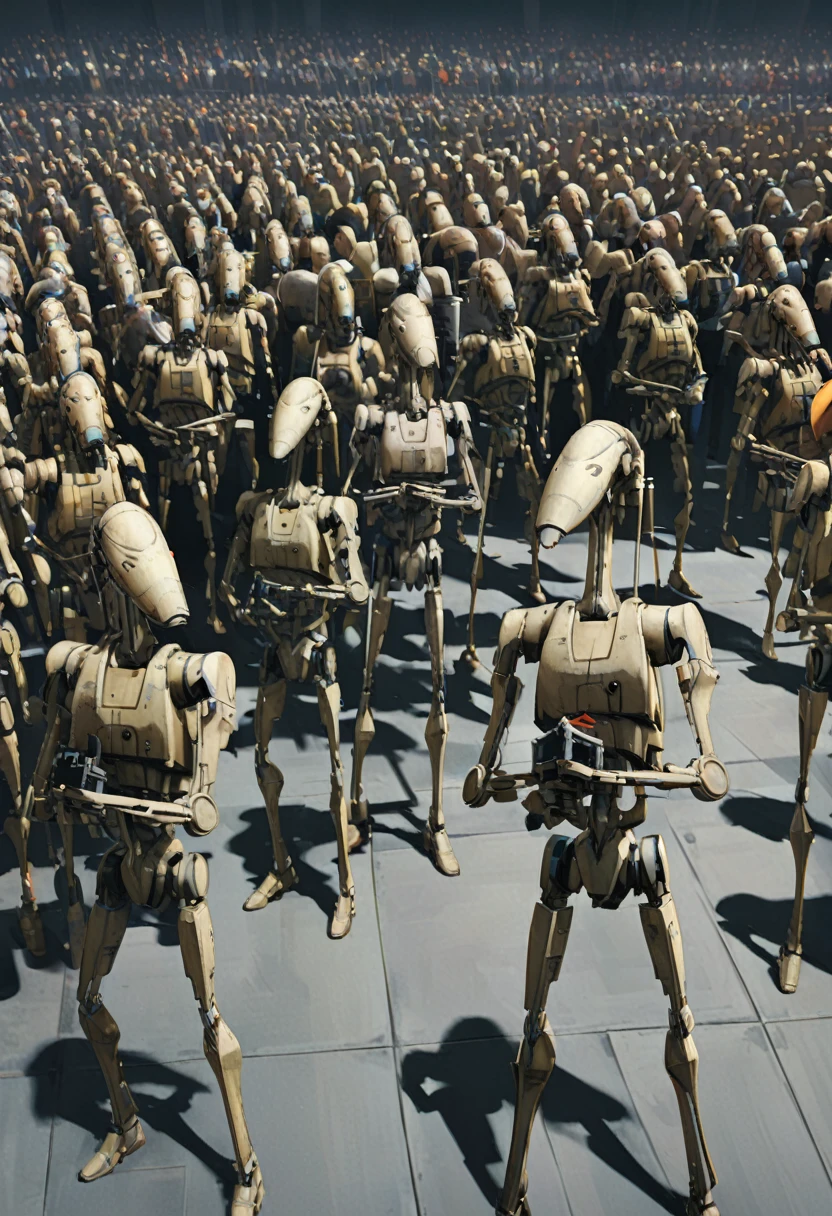 A group of B1 droids lined up、Vision、Coruscant、Galactic Empire Specification、Star Wars universe、