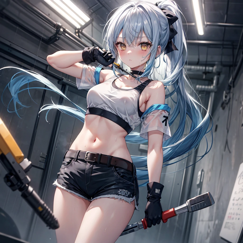 ((Highest quality)), ((masterpiece)), ((detailed)), (4K), a girl with blue hair and a top with short sleeves holding a screw driver, 1girl, 独奏, long hair, blue hair, white hair, navel, gloves, shorts, breasts, sweat, wrench, short shorts, very long hair, underwear, panties, holding, belt, arm up, ponytail, small breasts, blurry background, gray sky, rain, looking at viewer, black gloves, white panties, sports bra, wiping sweat, bow, bare shoulders, bangs, cowboy shot, yellow eyes, midriff, hair bow, (expressionless), face focus