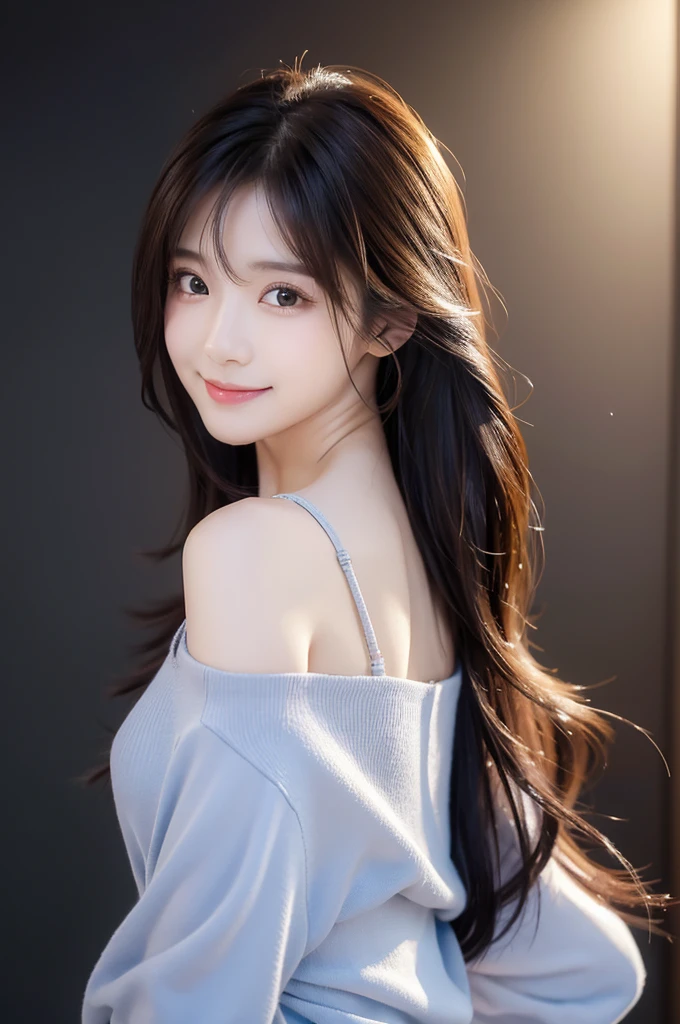 Image resolution 8K、masterpiece:1.3)、Beauty、1 female、(魅力的なBody Type:1.2)、abdomen:1.1、Dark brown hairstyle:1.1、(Body Type:1.2)、Ultra-detailed face、Attractive lips、double eyelid,ピンクcolorシルクのワンピースドレスを着用、Super realistic and super cute in every detail、Japanese、Japanese女性、20th generation(28 years old)、Smile with a beautiful smile、Hair blowing in the wind、color々Hair style、Light shining from behind、Black background、Filmed in the studio