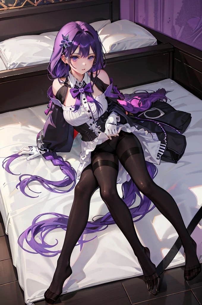 (((1 girl)),ray tracing,(dim lighting),[detailed background (bedroom)),((purple hair)),((purple hair)),(Fluffy purple hair, plump slender girl)) with high ponytail)))) Avoid blonde eyes in the ominous bedroom ((((Girl wears intricately embroidered black high-waisted pants with pantyhose) and white ruffled bow gloves), showing a delicate slim figure and graceful curves, correct limbs, sitting on the bed