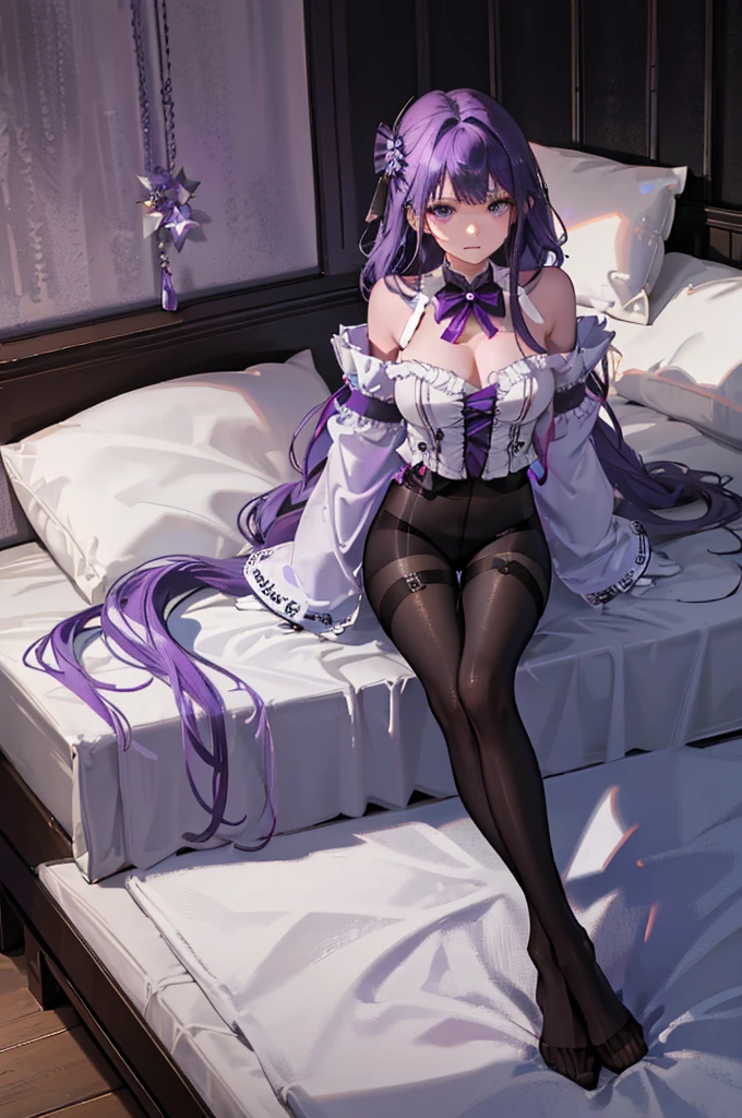 (((1 girl)),ray tracing,(dim lighting),[detailed background (bedroom)),((purple hair)),((purple hair)),(Fluffy purple hair, plump slender girl)) with high ponytail)))) Avoid blonde eyes in the ominous bedroom ((((Girl wears intricately embroidered black high-waisted pants with pantyhose) and white ruffled bow gloves), showing a delicate slim figure and graceful curves, correct limbs, sitting on the bed