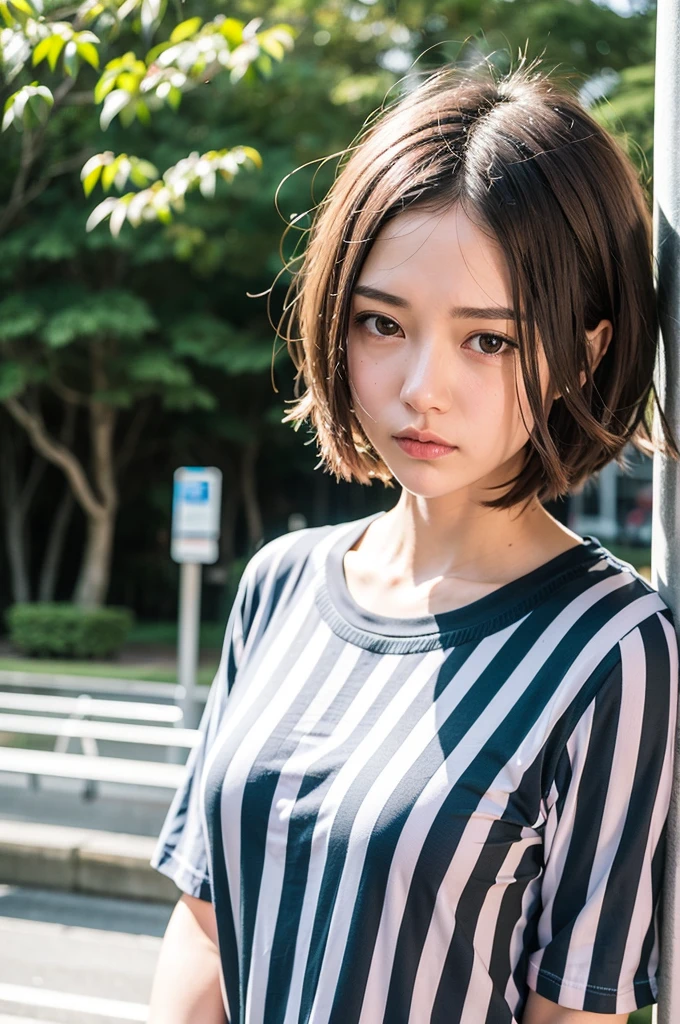Top quality, 1 beautiful woman, super short Hair, gold hair, wearing Striped Shirt, Scowling, Natural Light, at park