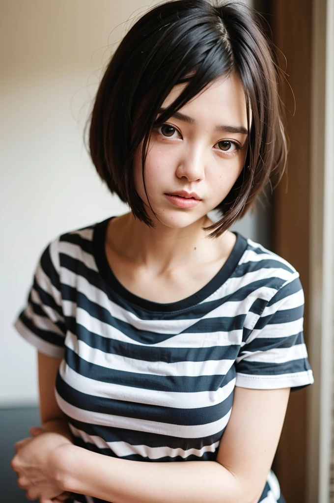 Top quality, 1 beautiful woman, super short Hair, gold hair, wearing Striped Shirt, Scowling, Natural Light, at park 