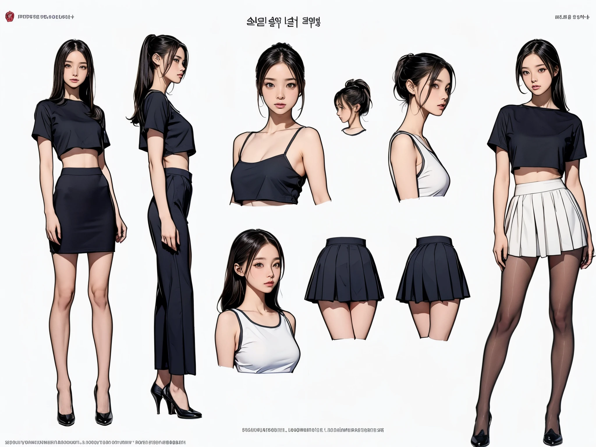 ((masterpiece,best quality;1.3,best illustration)),((character design sheet)) headphone , 1 woman ,19 year old attractive beauty ,Wearing the,seoul,Black crop top ,loafers , tutu's Hisilk 입고, ((no background)),