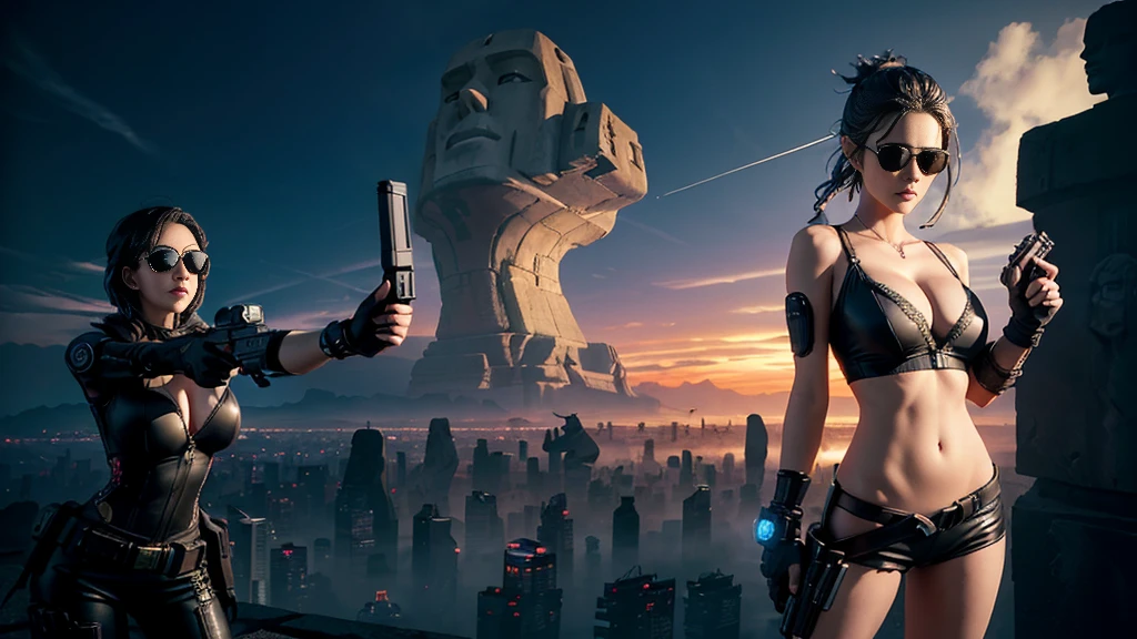 At night, dark sky, aerial view of fantasy cyberpunk style Moai-statue city, ((flying vehicle)). (1girl, solo), photo realistic, medium-breast:1.1 slim body, cleavage, sexy clothes, (black sunglasses), (((hip-up standing aiming pistol pose))), half-body thigh level medium shot, cinematic lighting.