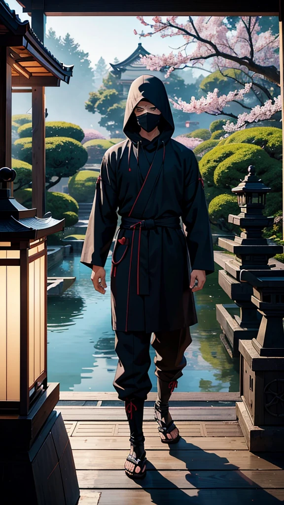 "A ninja in traditional black attire, with a hood and mask covering the face, using a modern smartphone. The setting is a serene Japanese garden with a pond and cherry blossoms in the background. The ninja stands near a stone lantern, subtly illuminated by the lantern's light. The smartphone screen is visible, showing a map. This juxtaposition of ancient and modern themes creates a unique, intriguing scene."