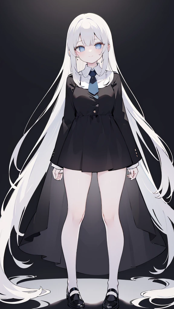 masterpiece, 8K, Super detailed, best quality, (1 girl, alone, 158cm), (Pure black long hair, Straight Hair, Air bangs), (innocent, Big blue eyes like diamonds), (Medium large, fair skin), (Wearing a simple white shirt, Black panties, Expose arms and thighs), (Has black leather collar), (The expression looks shy, but with a smile, shy, Pleasure), (light black background, whole body, Facing the audience, Stand Up Straight, symmetry)
