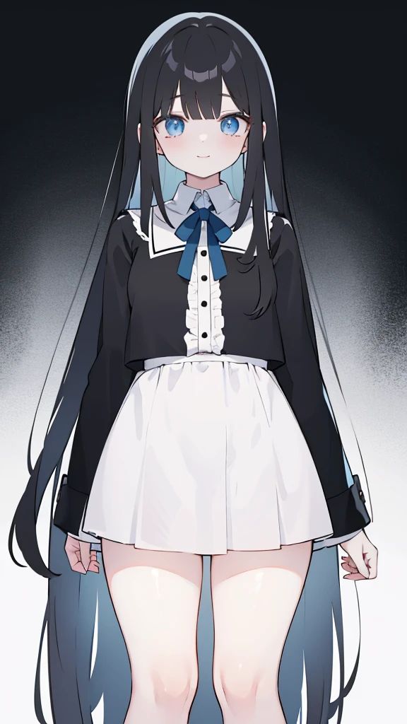 masterpiece, 8K, Super detailed, best quality, (1 girl, alone, 158cm), (Pure black long hair, Straight Hair, Air bangs), (innocent, Big blue eyes like diamonds), (Medium large, fair skin), (Wearing a simple white shirt, Black panties, Expose arms and thighs), (Has black leather collar), (Facing the audience, Stand Up Straight), (The expression looks shy, but with a smile, ), (light black background, whole body, symmetry, Center the character), tatoogirl
