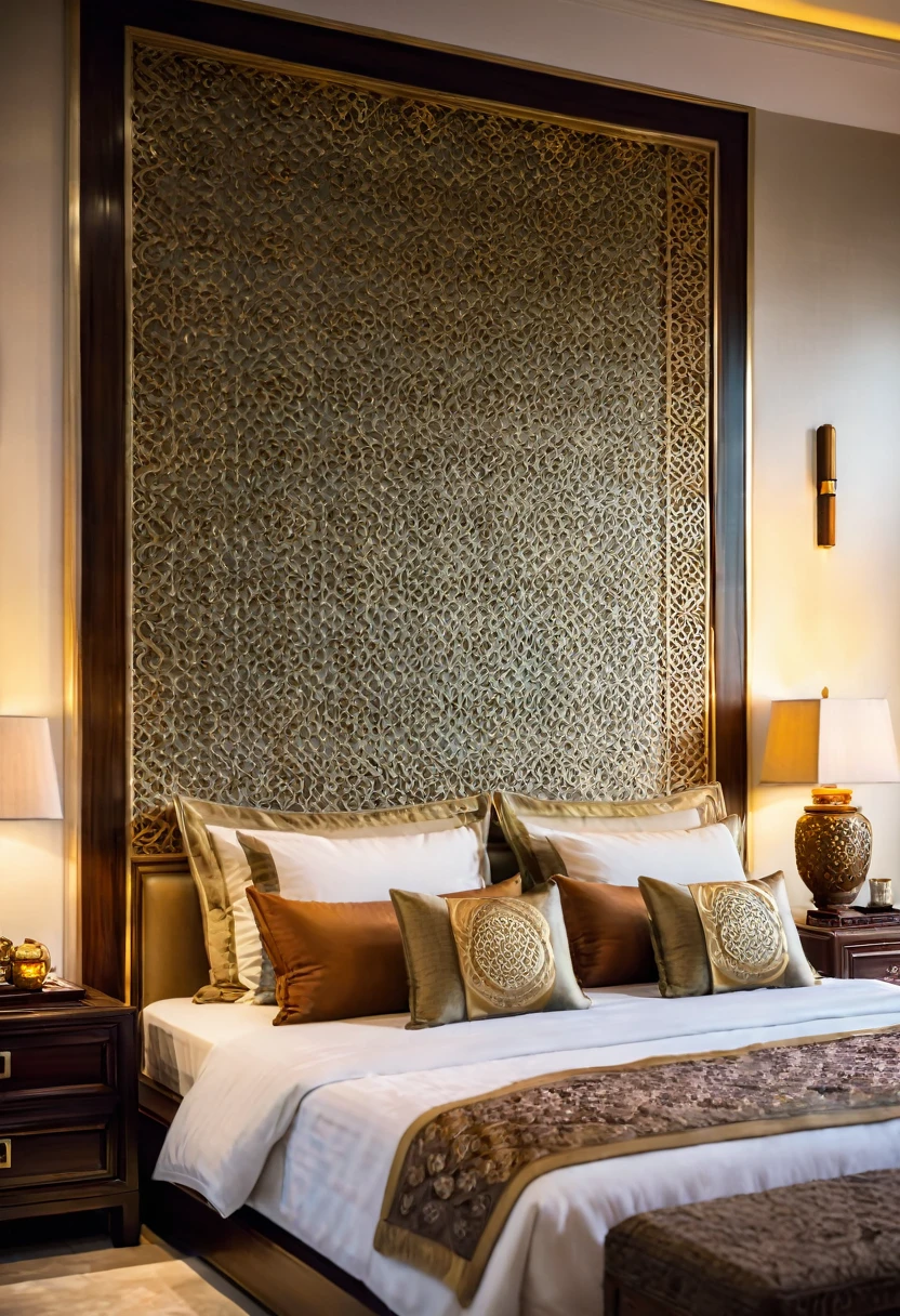 Close-up shot of a luxurious bed in an Indochinese-style bedroom. The headboard is intricately carved with traditional patterns, and the bed is dressed with rich, textured fabrics in deep, earthy tones. The depth of field (dof) effect focuses on the headboard and plush pillows, while the background, including wooden bedside tables and decorative lamps, is softly blurred. The ambient light casts a warm glow, enhancing the room's cozy and elegant atmosphere.
8k resolution, UHD, high-quality detail, depth of field (dof) effect, cinematic standards, Indochinese style, traditional patterns, rich textures, warm lighting, artistic composition, cozy bedroom, soft ambient light.