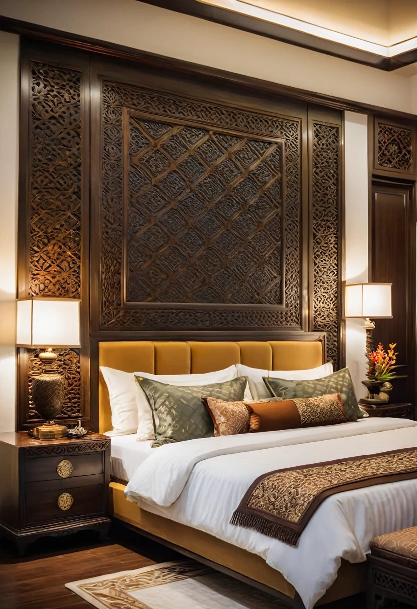 Close-up shot of a luxurious bed in an Indochinese-style bedroom. The headboard is intricately carved with traditional patterns, and the bed is dressed with rich, textured fabrics in deep, earthy tones. The depth of field (dof) effect focuses on the headboard and plush pillows, while the background, including wooden bedside tables and decorative lamps, is softly blurred. The ambient light casts a warm glow, enhancing the room's cozy and elegant atmosphere.

8k resolution, UHD, high-quality detail, depth of field (dof) effect, cinematic standards, Indochinese style, traditional patterns, rich textures, warm lighting, artistic composition, cozy bedroom, soft ambient light.
