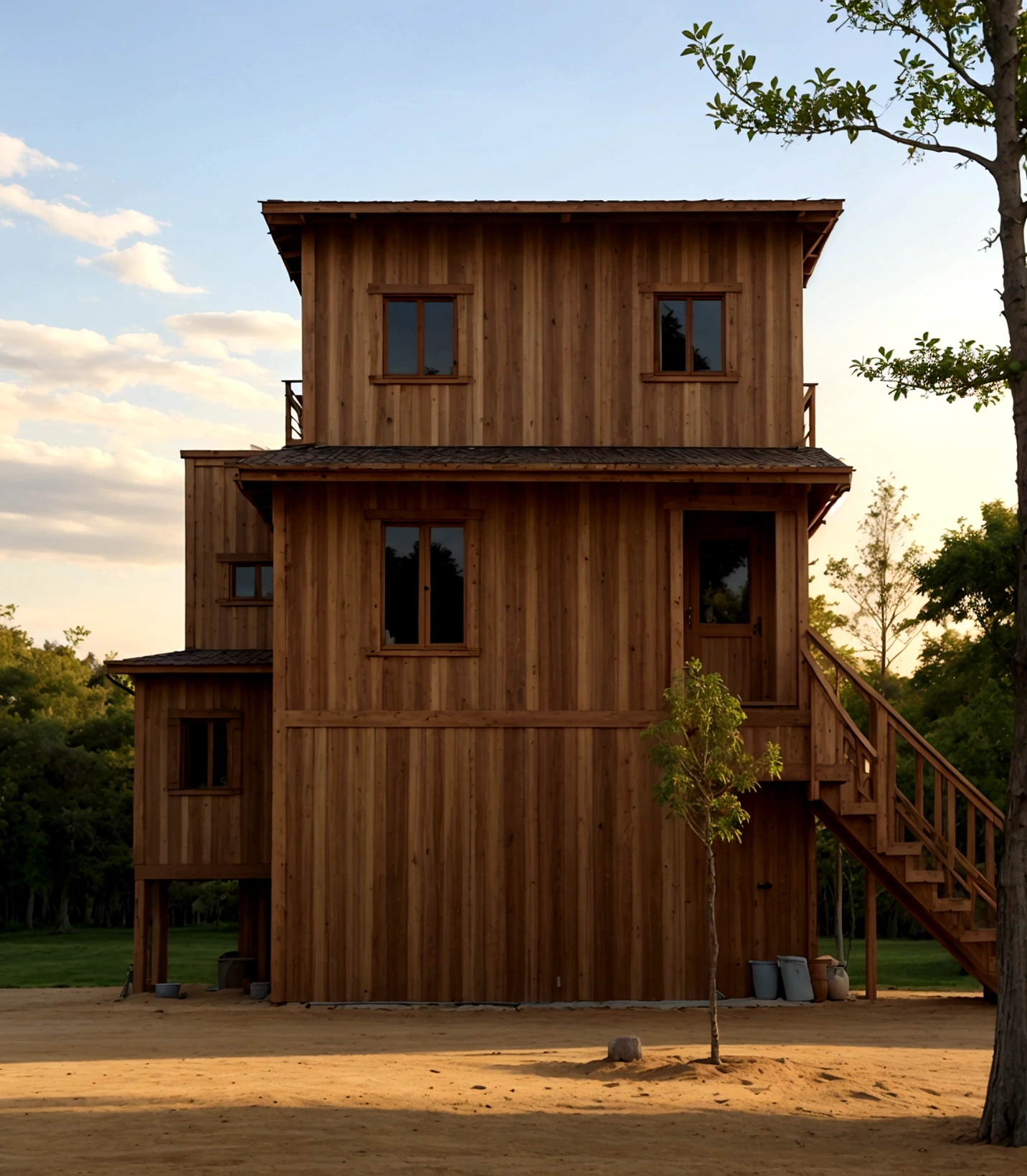 Truly built, keeping the same wood color, the tree looks beautiful, in the light of the afternoon and sunset