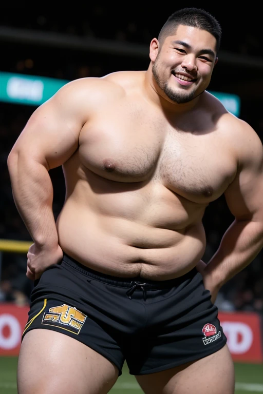 ((highest quality)), ((masterpiece)), (detailed), ((Perfect Face)), 4k, Shaved head, Young Japanese, Muscular, Fat body, Very big man, smile, ((showing off crotch))A large Japanese man topless、whole body、Rugby last week、Thick legs、Thick arm muscles、Intimidating、whole body、wearing a very tight black shorts