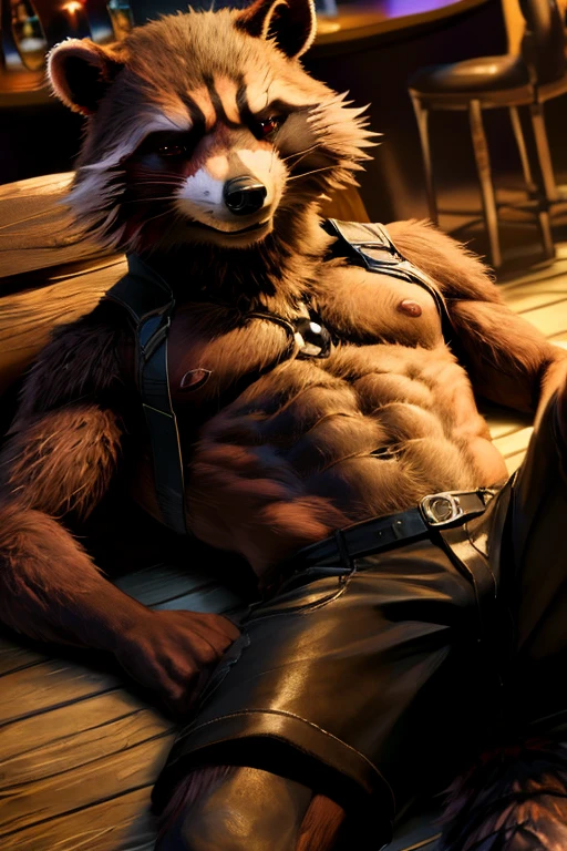 火箭raccoon,raccoon,male,Adults,Solitary,4K,Best quality,best quality,Lie down,lying down,Looking at the audience,Hairy body,Topless,not wearing clothes,Bare chest,Hairy chest,Fluffy tail,Slim figure,slim body,Pink nipples, Six-pack abs, Anatomically correct,Delicate fur,pride,Soft shadows,Majestic,High quality eyes,Brown eyes,Black pupil,Sharp eyes,Grandiose,brave,Confident smile,Strong,Mature,leather shorts,harness,bar,