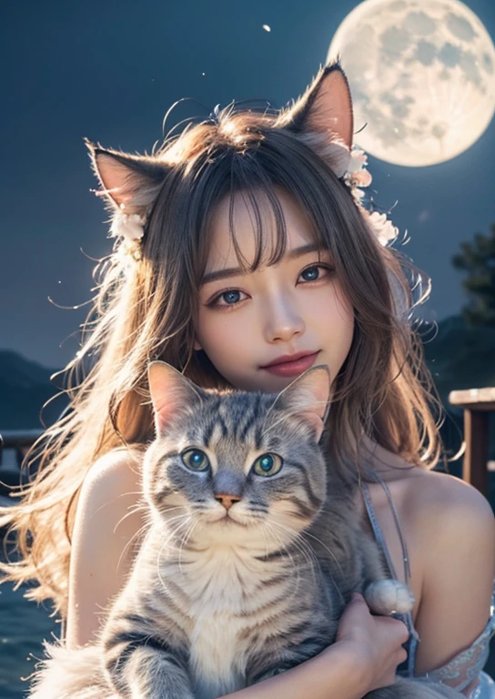Diffuse lighting、 Highest quality, High resolution, unity 8k wallpaper、Supersaturation, colorful, fairy tale, dream-like, Movie-like characters, Oil, 3d, 8K resolution, Sequins, Sparkling, moonlight, The close-up portrait is adorable.,Too Cute cat, fine grain, big, round, Reflective Eyes,Dreamland、pastel colour、feels good to the touch、Look forward、smile、full moon、Mysterious flower、Beautiful cat、Cute cat、Surrounded by many cats、Lost in Cat Country、
