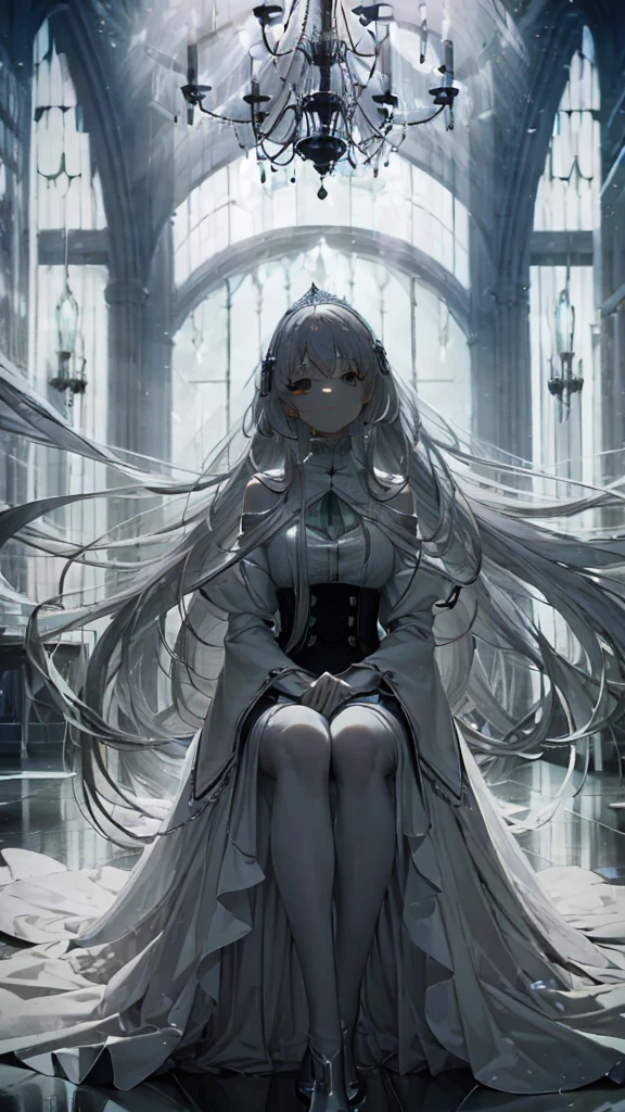 Gray-haired woman　Very long hair　Hair that fell on the floor　Sitting on the floor　Light is coming in from above　In the white castle　transparent　Glass　green　Composition looking up from bottom to top　Large chandelier