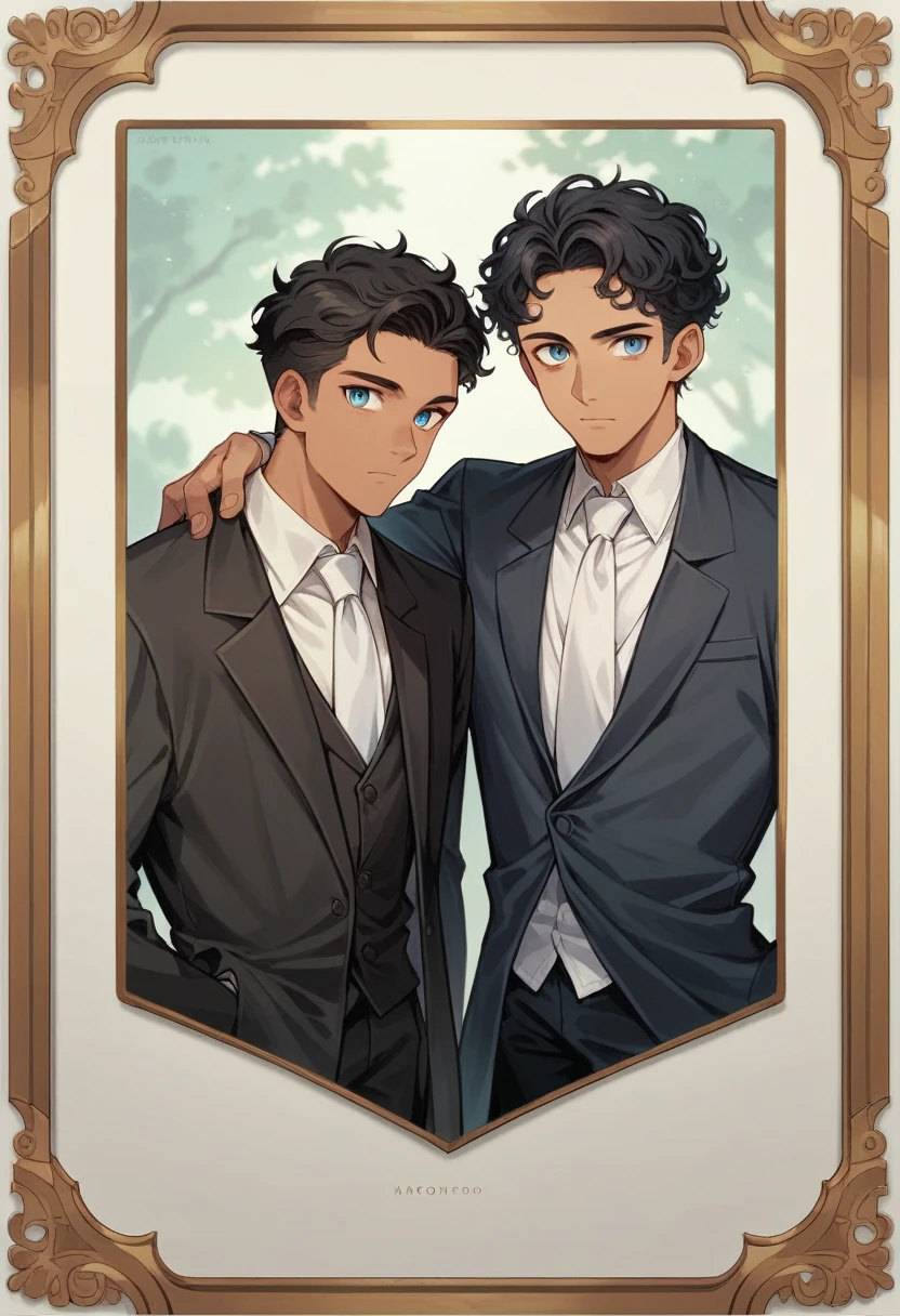 (( straight face picture )) ((best quality)), (Masterpiece)), (details), ( Beautiful colors ) ( ornamentation ) young man , Tanned skin , black hair ,blue eyes ,Shoulder-length hair ,Slightly curly hair , open forehead , wearing a black suit ,white tie , Wear a white doctor&#39;s coat ,