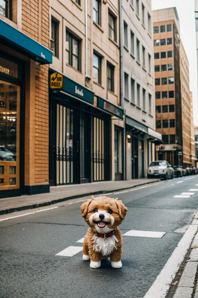 small stuffed dog, happy, street, Buildings