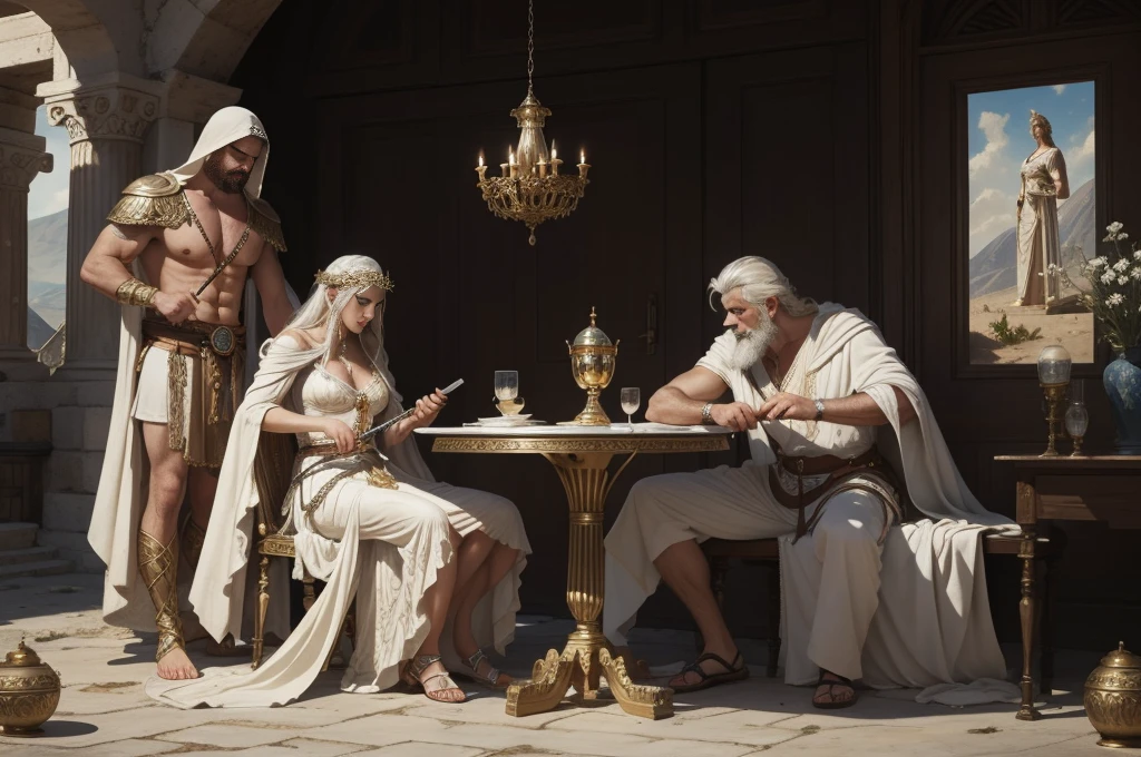 there are many man and a woman in the on the greek market, ground woman background, nude, naked, greek man talking, a Greek man walking and debate with another old man, another poor man sitting on floor, female god statue, full body white cloak, shield, bow, sword, white hair, masculine, mature, naked, hairy torso, fantasy, intricate, elegant, highly detailed, digital painting, concept art, smooth, sharp focus, illustration, amor, helmet, sword, shield, Greek god. handsome,painted of rugged zeus and queen hera singing with lia, god of thunder, female greek god, white hair, masculine, mature, handsome, muscular, hairy torso, fantasy, intricate, elegant, highly detailed, digital painting, artstation, concept art, smooth, sharp focus, illustration, art by gaston bussiere and alphonse mucha, almost naked,chicken and dog on ground,