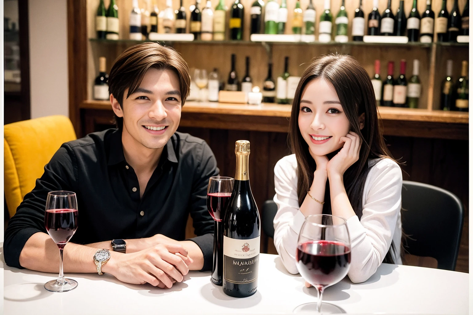((Highest quality、、masterpiece:1.3))、1 male 1 female,37 years old 39 years old、Slim Beauty、cute、Beautiful couple、Upper Body、smile、 (Slim face), (the body is スリム), (Brown Hair), (Shortcuts), テーブルのフルコースディナーとwine glass、Amazing view of the sunset sky and clouds、smileの美しさ、Wine bottle、sparkling wine、Long sleeve shirt、dress、White wine, red wine, wine glass, Beautiful fine grain, Depth f/2,saturation, High Contrast, Strong light and shadow,Moist Body:1.5、3D texture、The hair is very shiny、