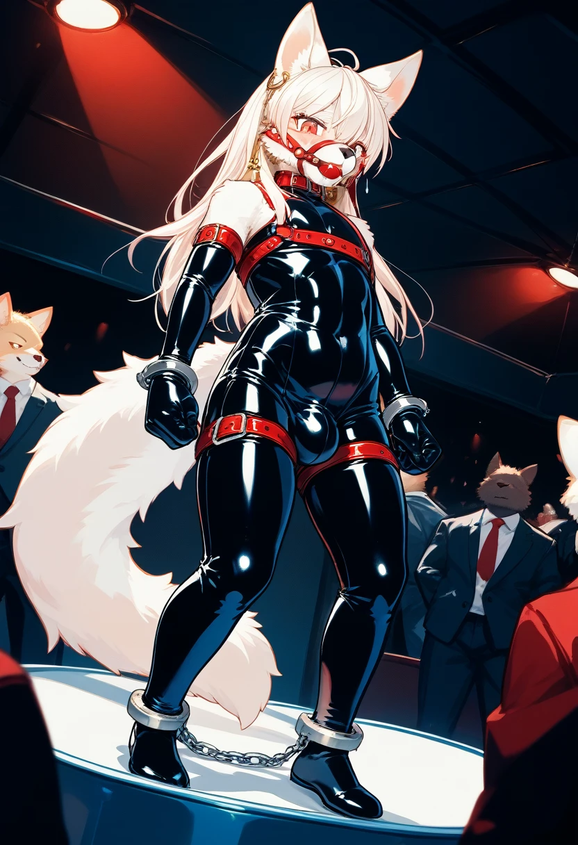 Highest quality, Highest quality, High quality illustrations, masterpiece, Ultra-high resolution, Detailed Background, Inside the Jail, Absurd, Perfect Anatomy, Performance, Good lighting, Shadows in the movie(kemono, Furry Personification), Black cat, Black Skin, Rubber Suit, latex, Fishnet tights, Earrings, male, Handcuffs, Shackles, Red harness, gag, Being restrained, Bondage, null bulge